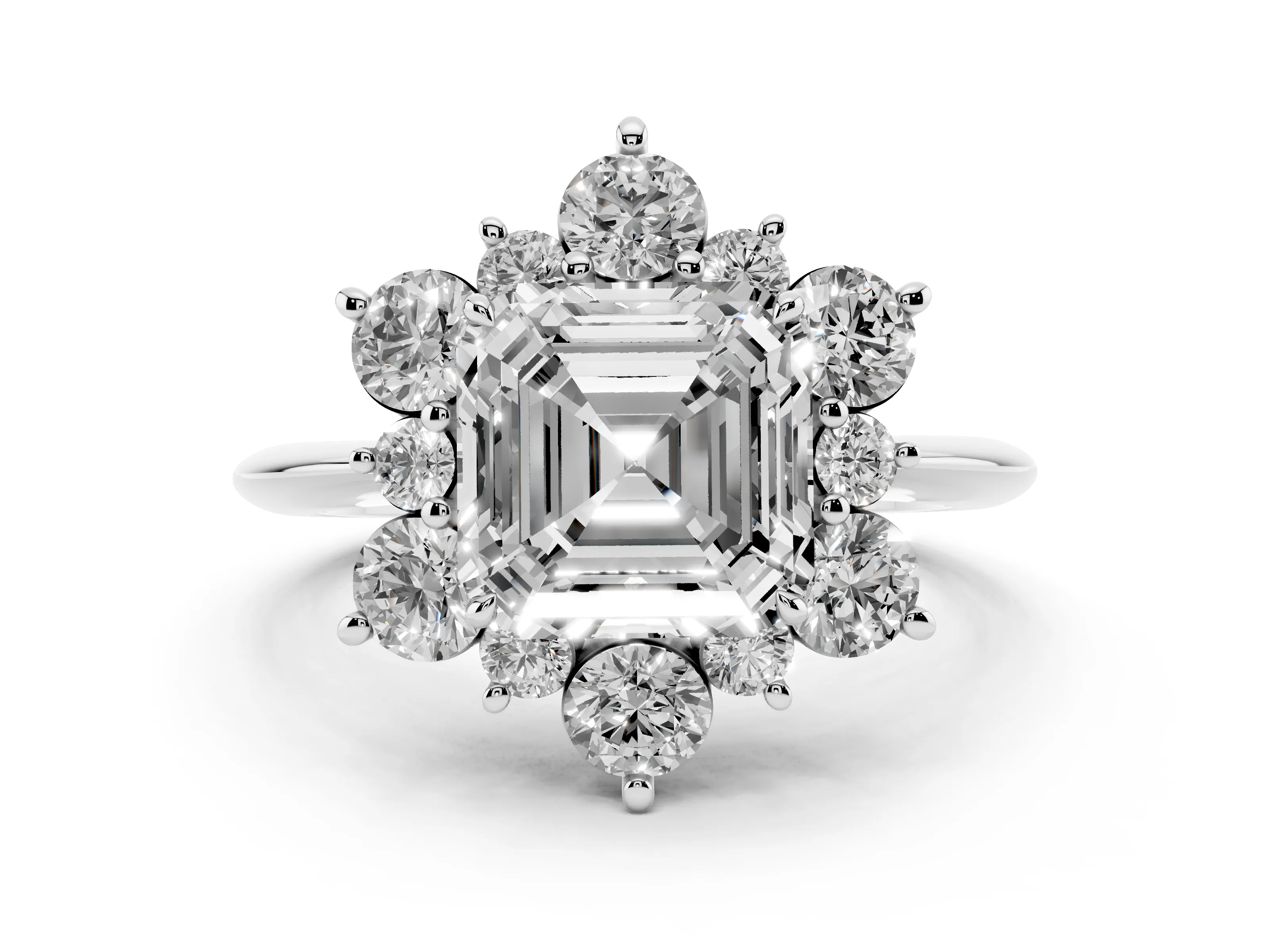 Asscher Cut Diamond Cluster Halo Ring Set in Platinum with Solitaire Band and Prong Setting
