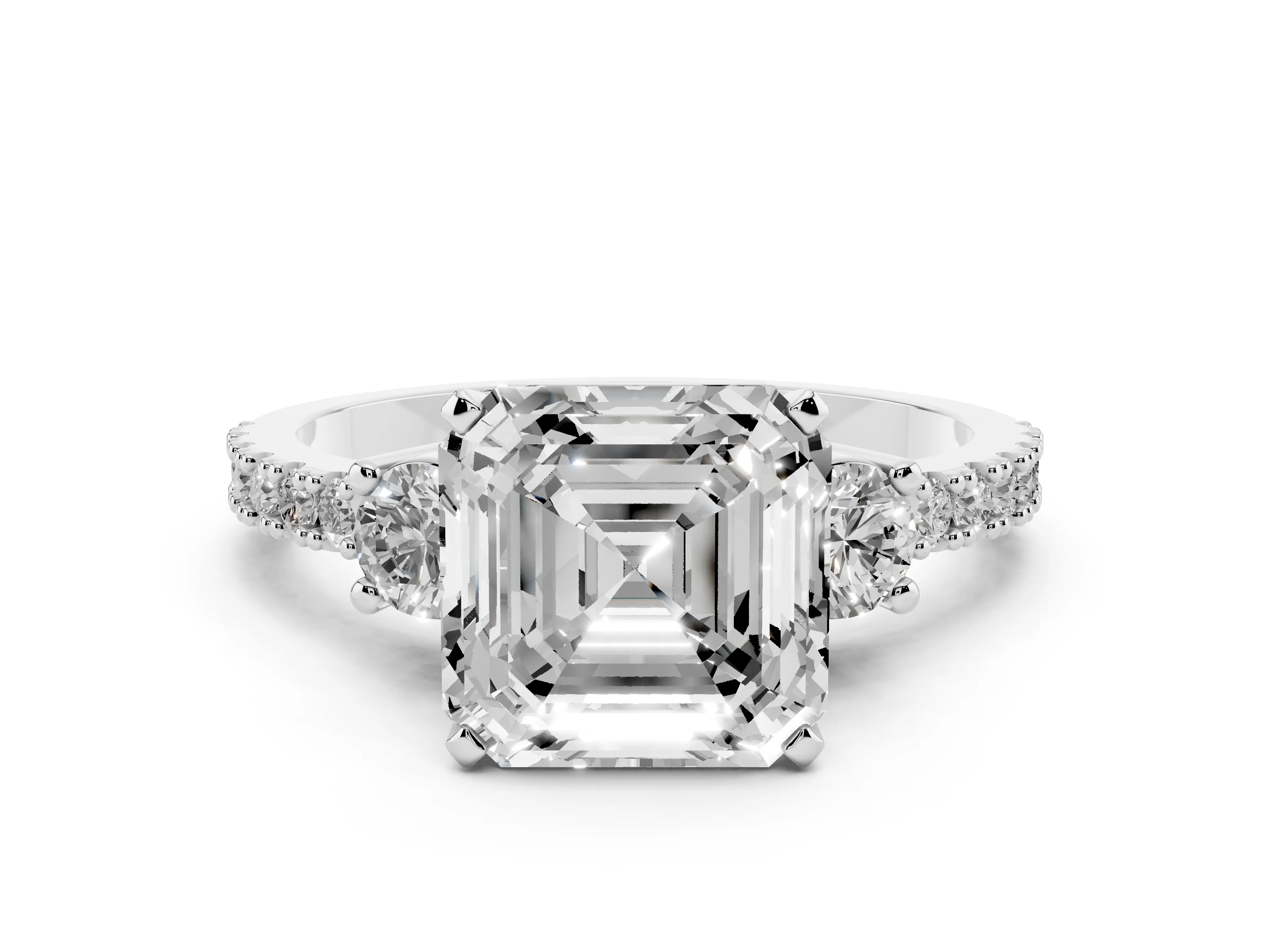 Three-Stone Asscher Cut Diamond Pavé Band Ring Set in Silver with Prong Setting