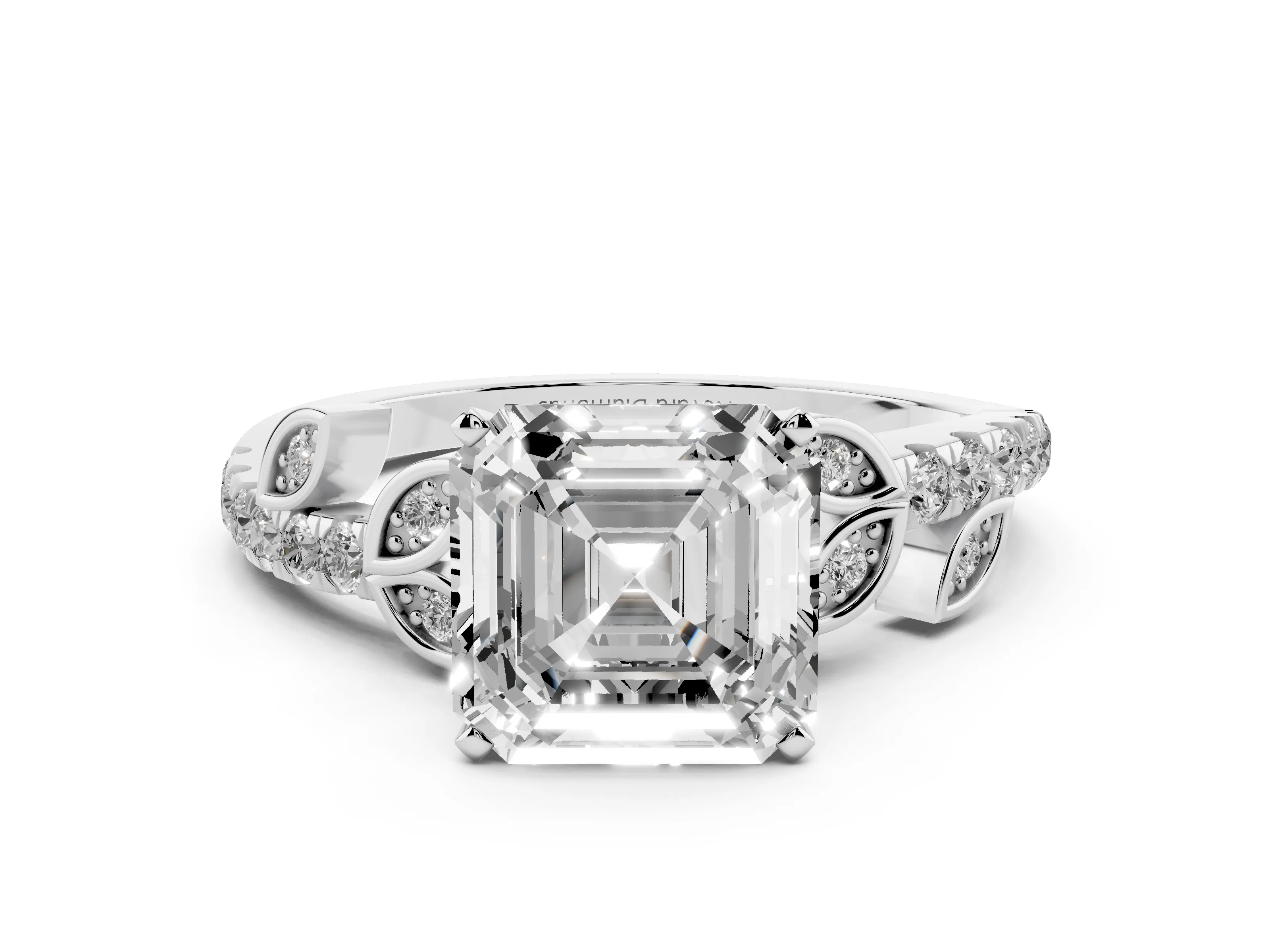 Asscher Cut Diamond Solitaire Leaf-Inspired Ring Set in Platinum with Pavé Band and Prong Setting