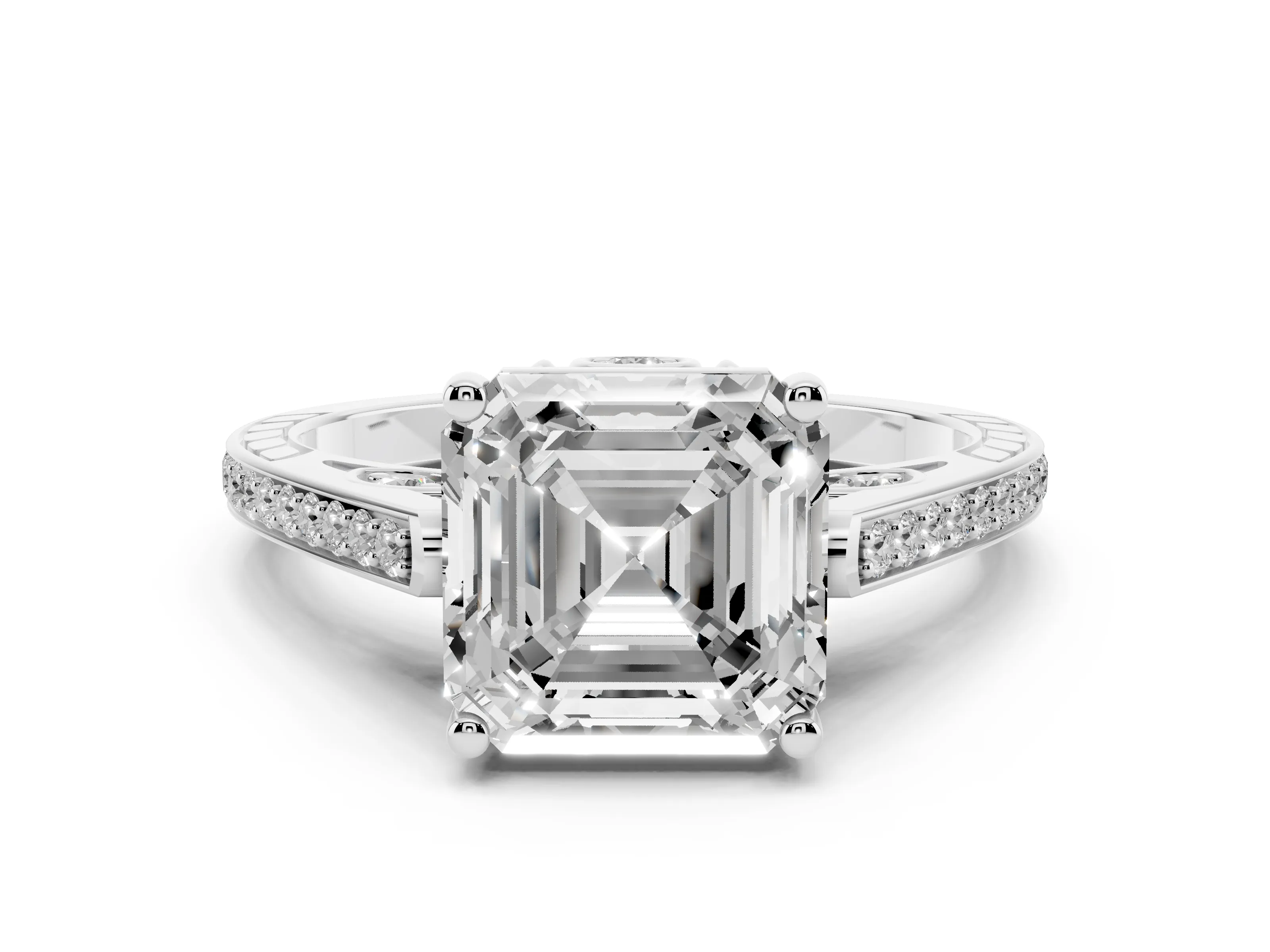 Asscher Cut Diamond Cathedral Pavé Engagement Ring Set in Platinum with Prong Setting