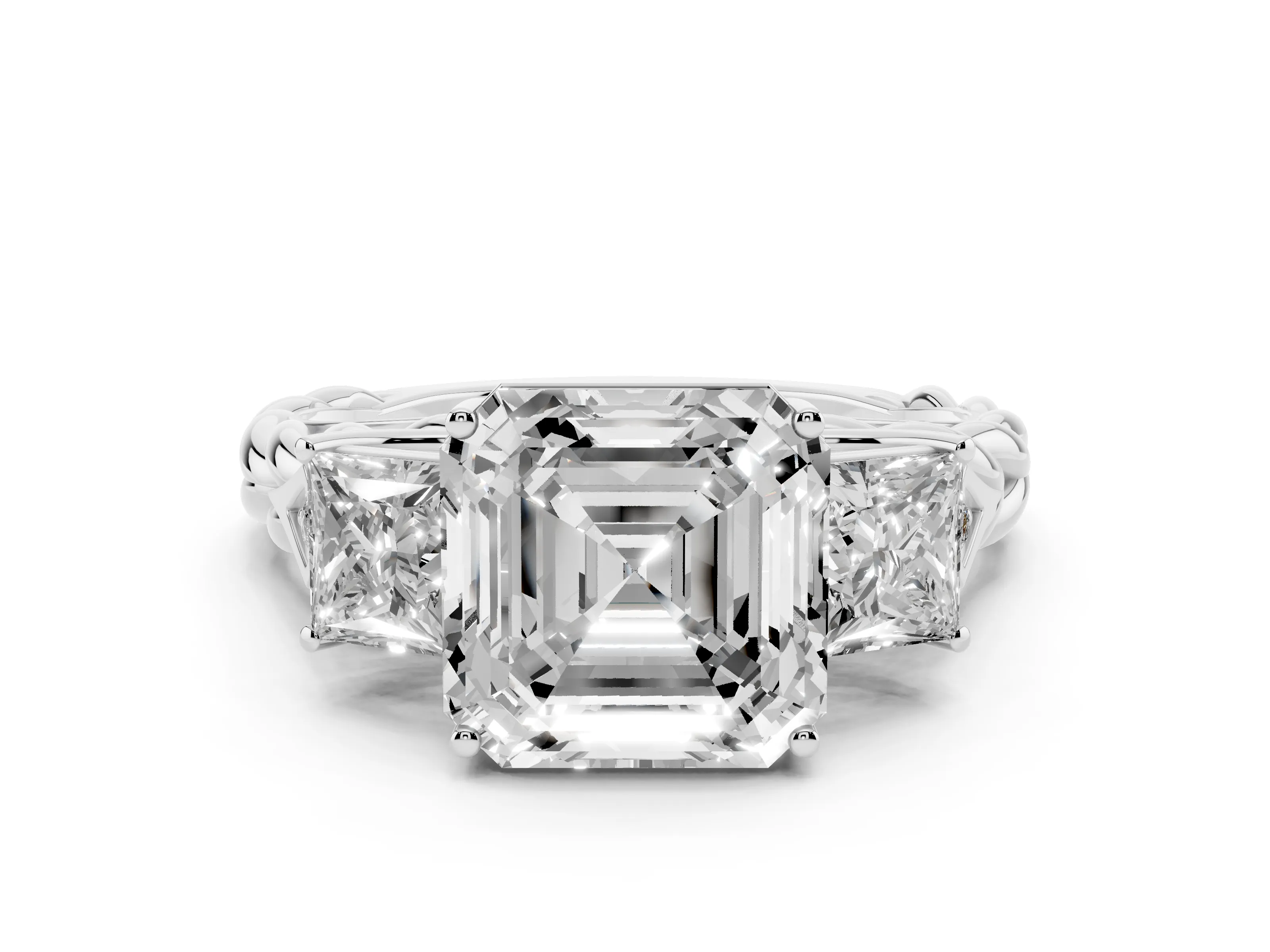 Asscher Cut Diamond Three-Stone Ring Set in Platinum with Braided Band
