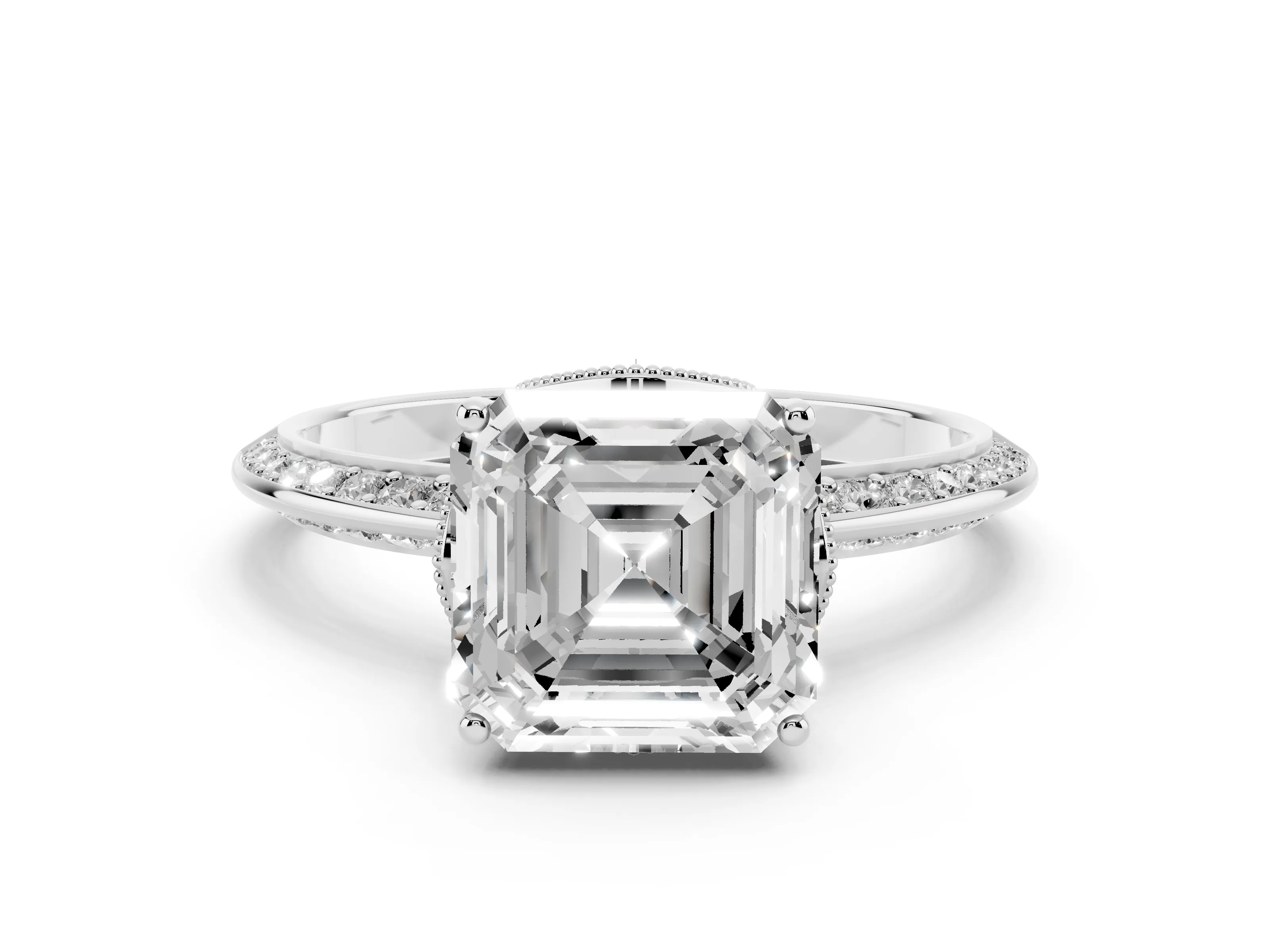 Asscher Cut Diamond Solitaire Engagement Ring Set in Silver with Pavé Split Shank and Prong Setting