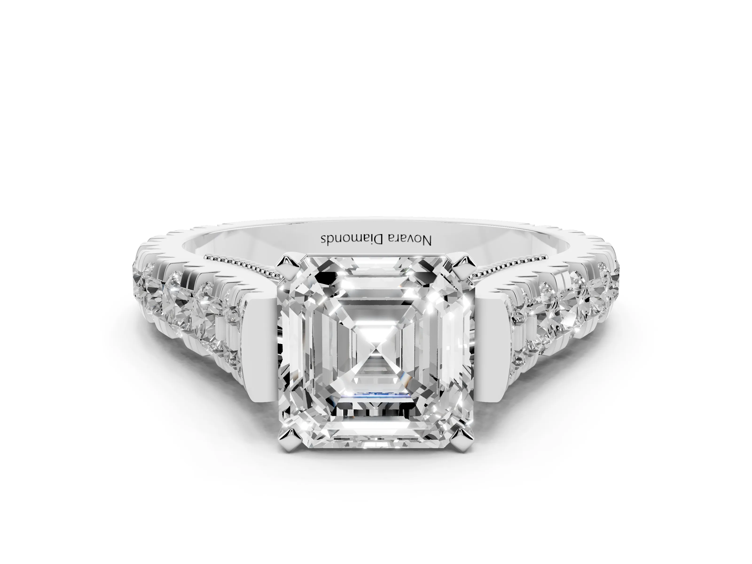 Asscher Cut Diamond Classic Solitaire Ring Set in Platinum with Pavé Band and Prong Setting