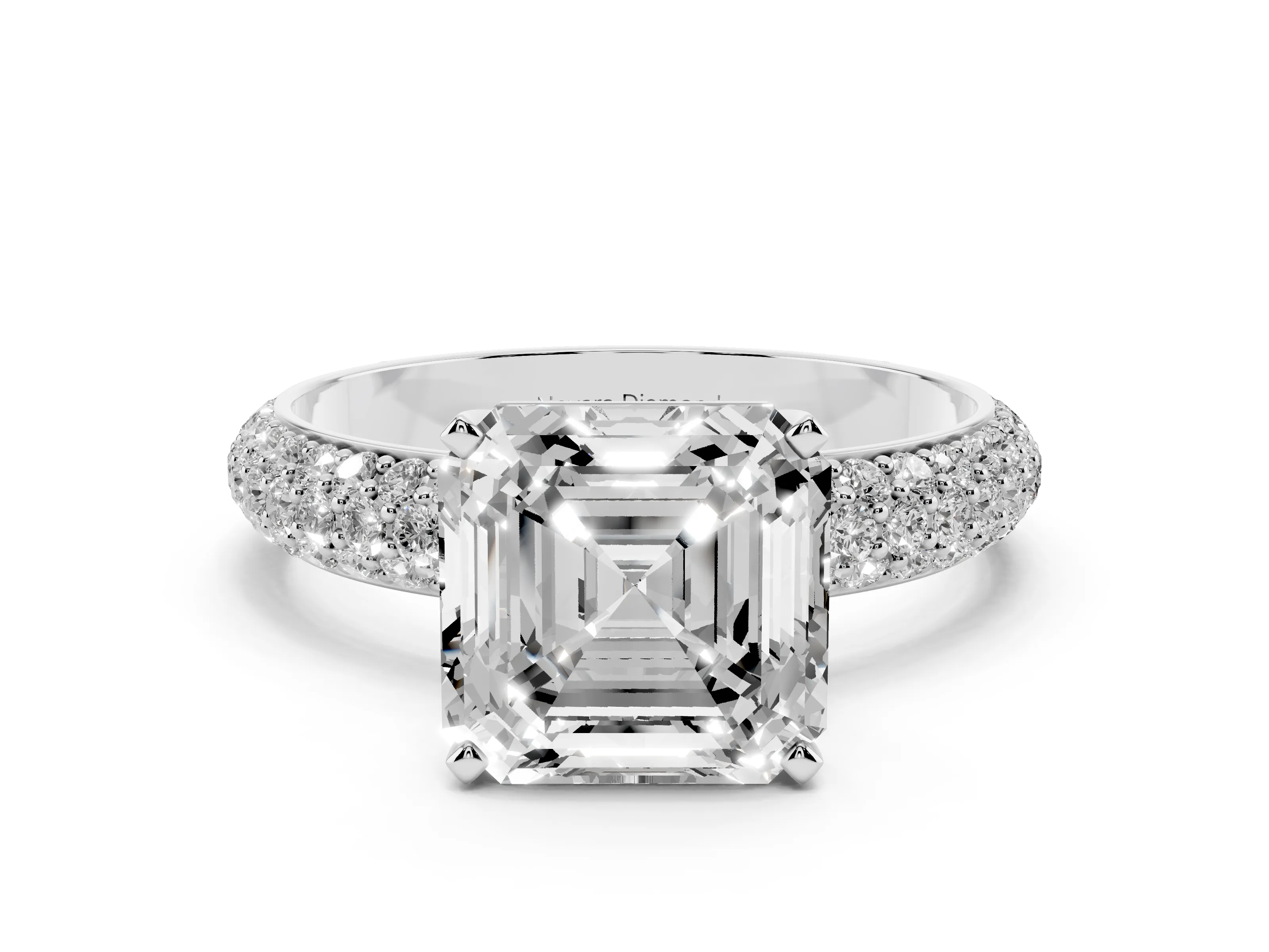 Asscher Cut Diamond Solitaire Ring Set in White gold with Prong Setting and Pavé-Set Band