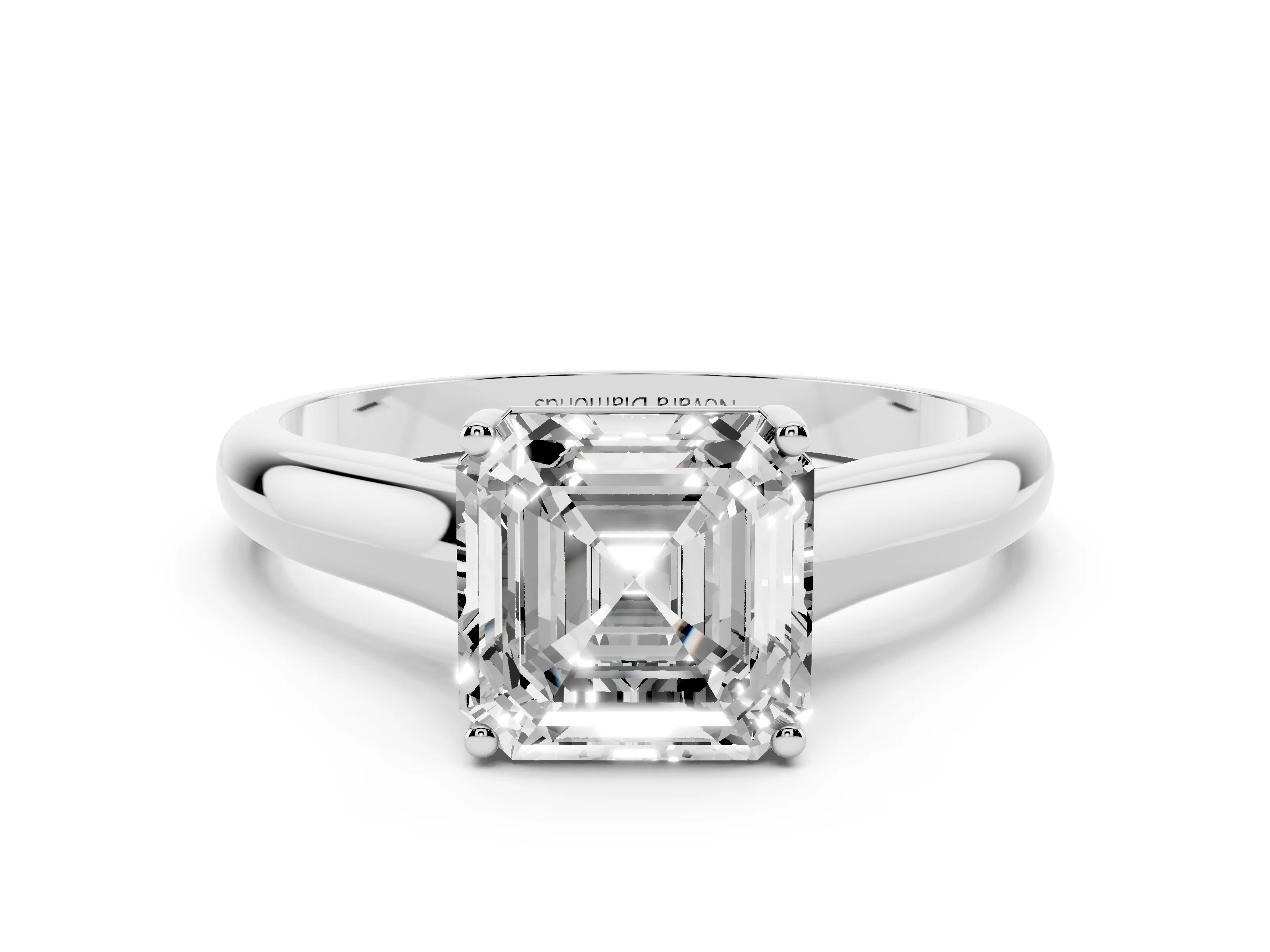 Asscher Cut Diamond Solitaire Engagement Ring Set in Platinum with Subtly Tapered Band and Prong Setting