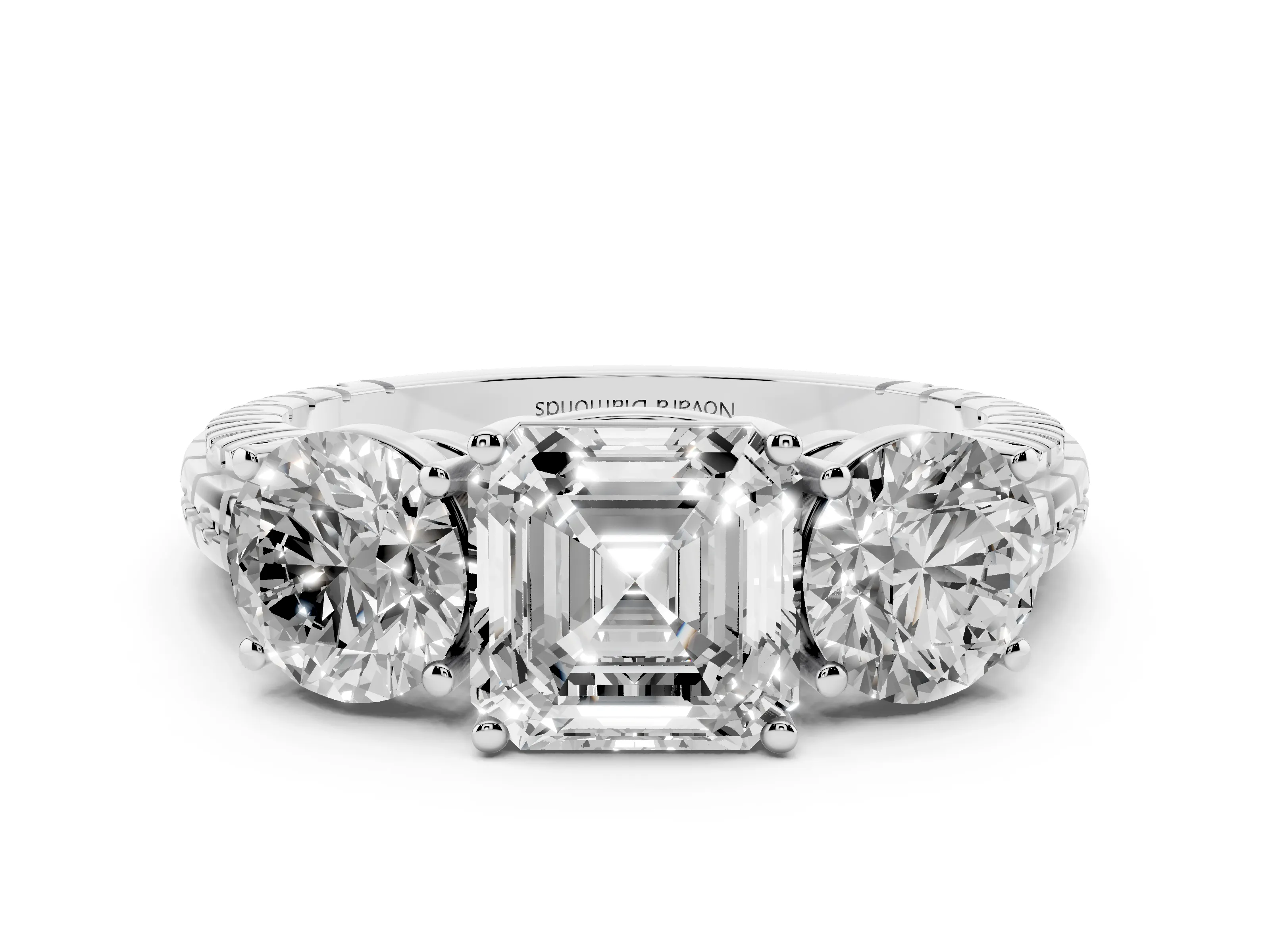 Asscher Cut Diamond Three-Stone Ring Set in Silver with Channel-Set Accent Band