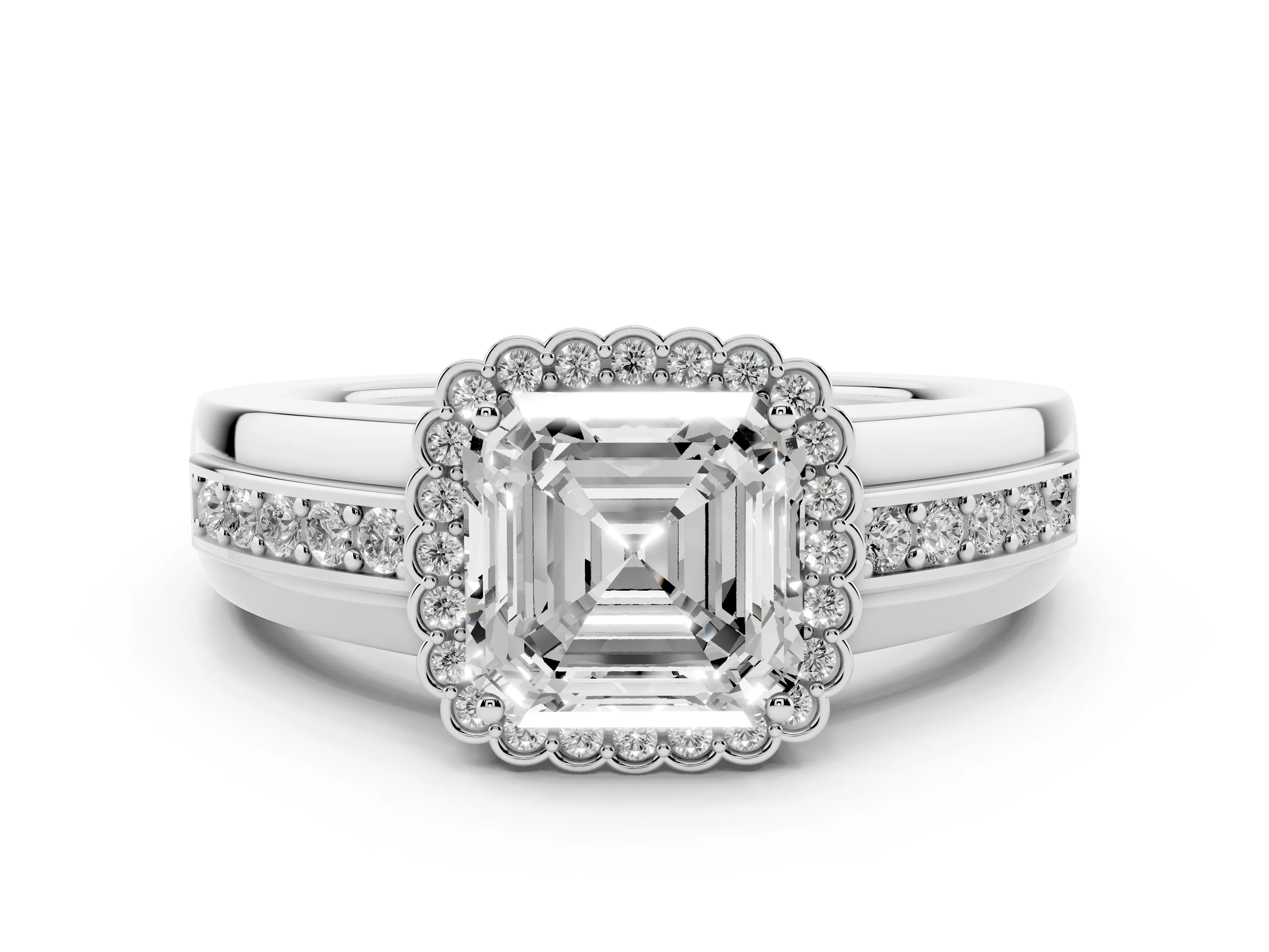 Asscher Cut Diamond Halo Prong Ring Set in Platinum with Pavé Band