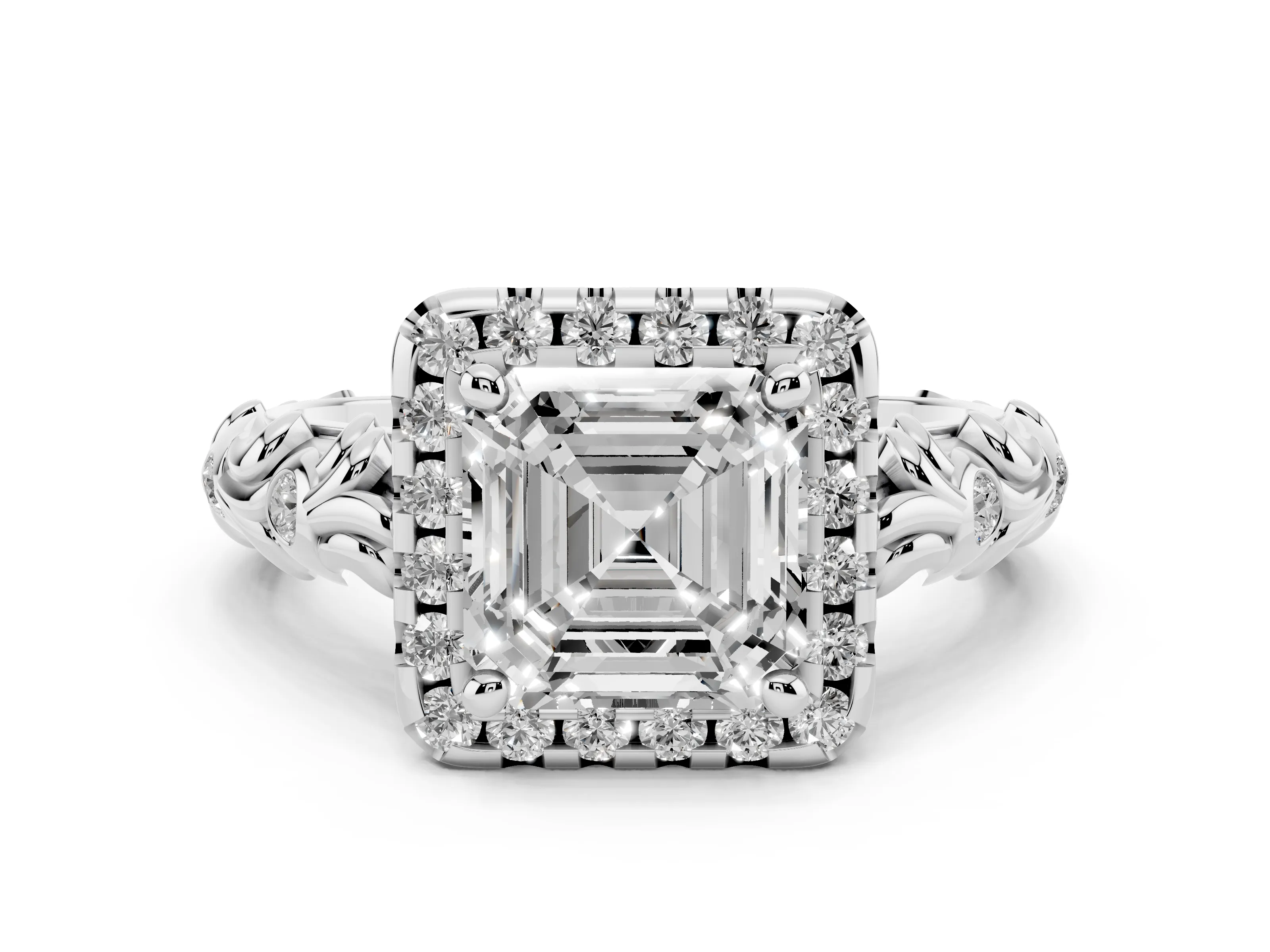 Asscher Cut Diamond Halo Ring Set in Platinum with Filigree Leaf Band and Prong Setting
