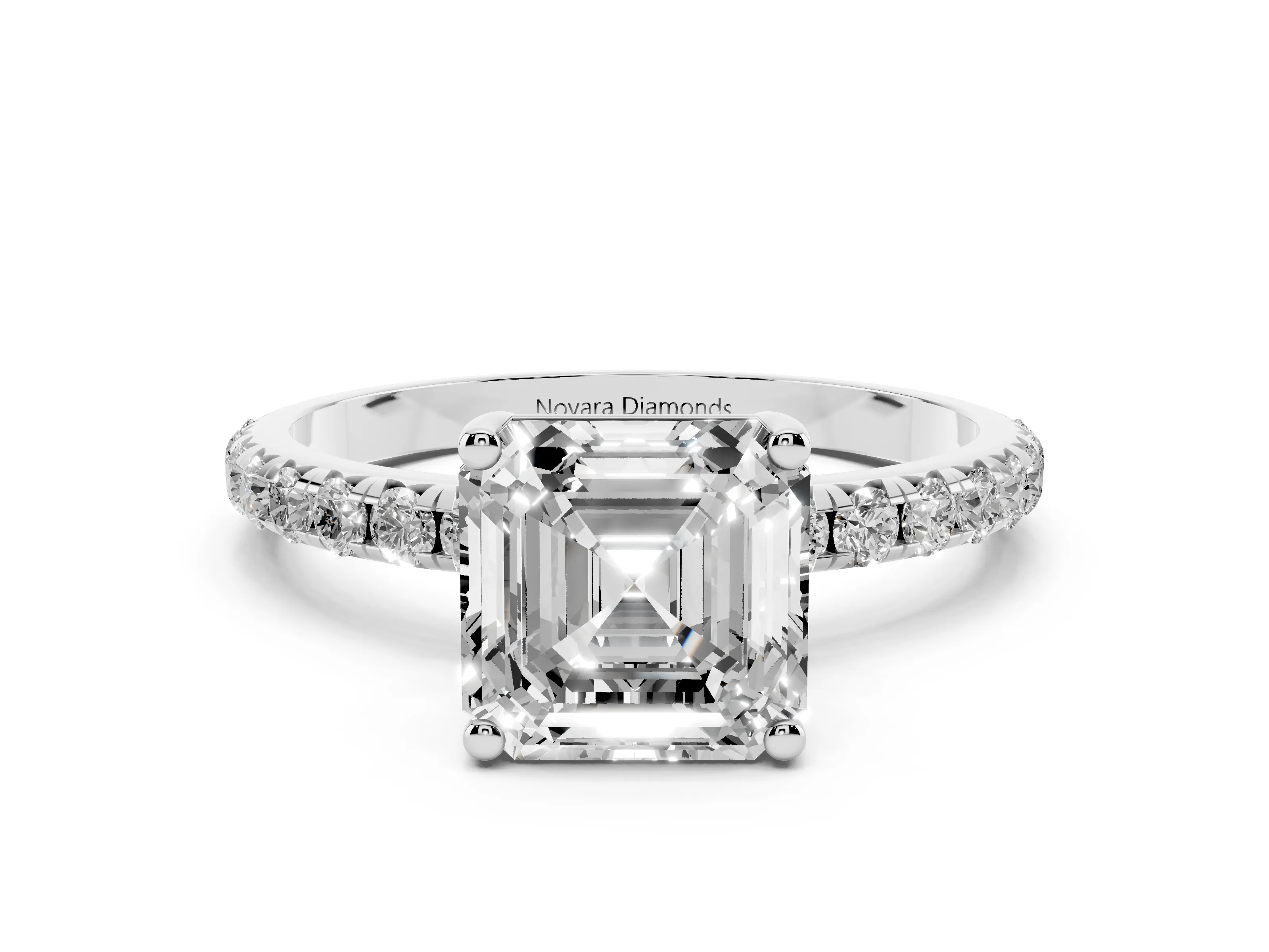 Asscher Cut Diamond Solitaire Ring Set in Platinum with Micro Pavé Band and Prong Setting