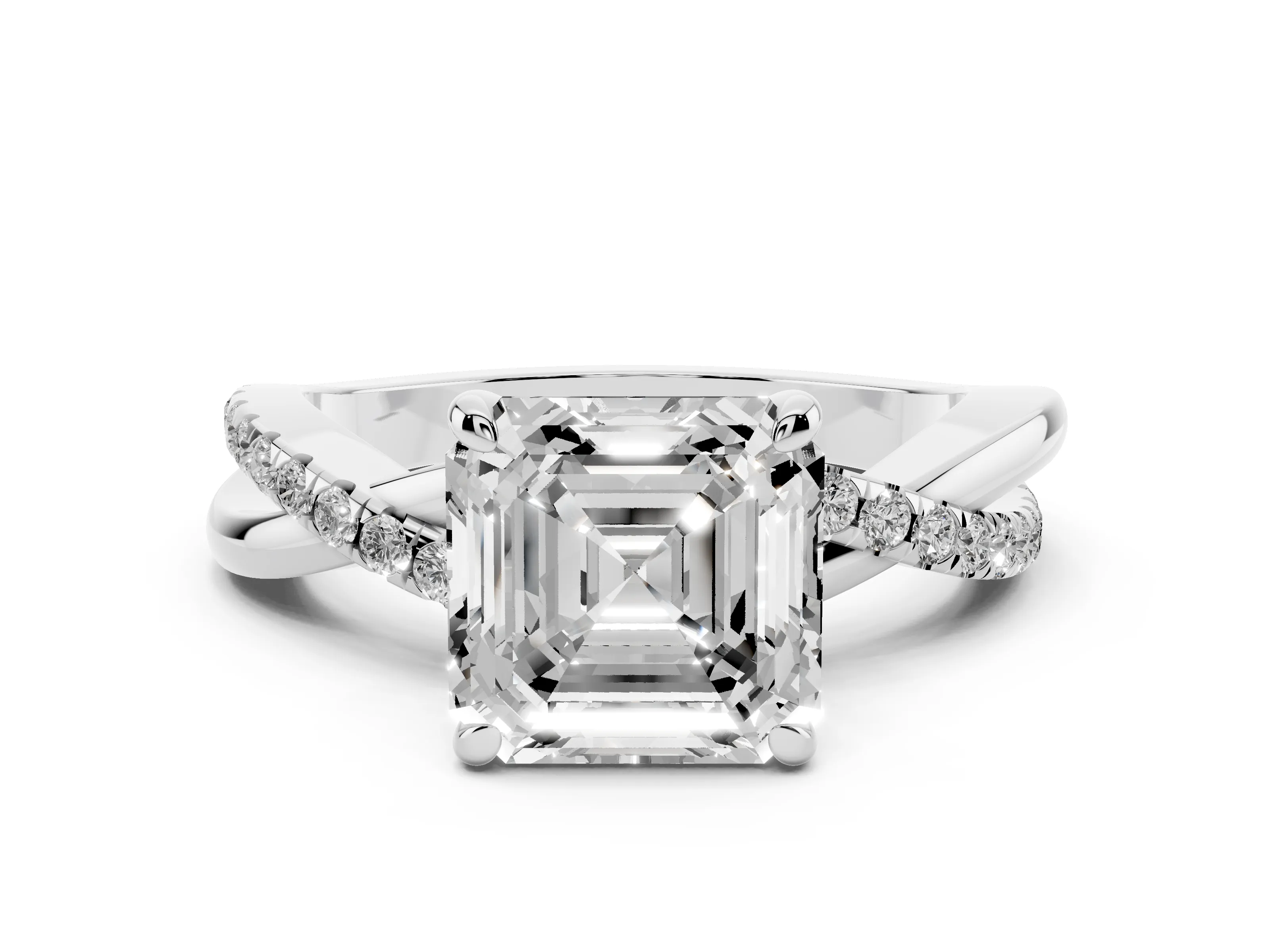 Asscher Cut Diamond Twist Band Pavé Solitaire Ring Set in Platinum with Prong Setting