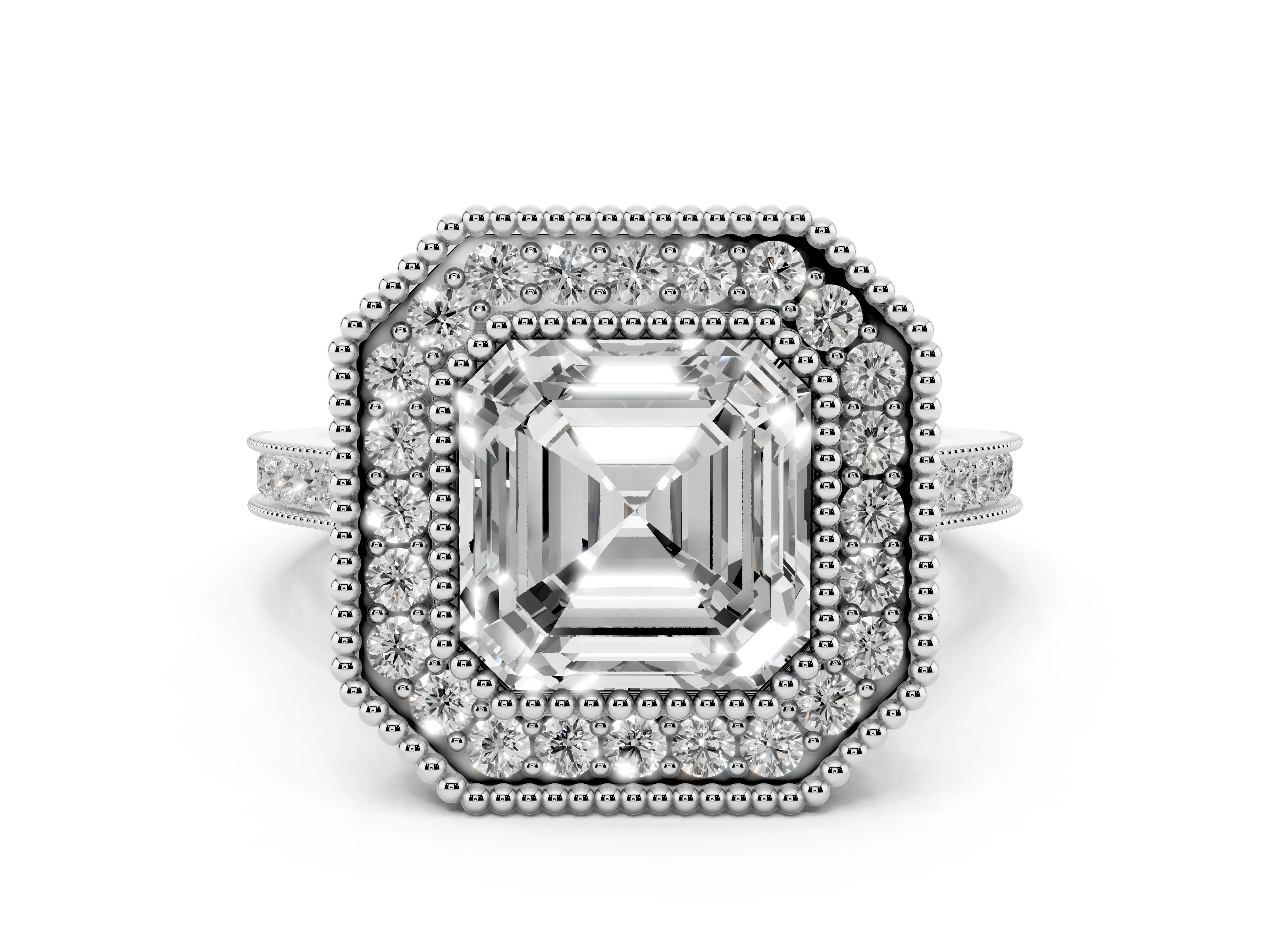 Asscher Cut Diamond Halo Ring Set in Silver with Milgrain Frame and Pavé Band