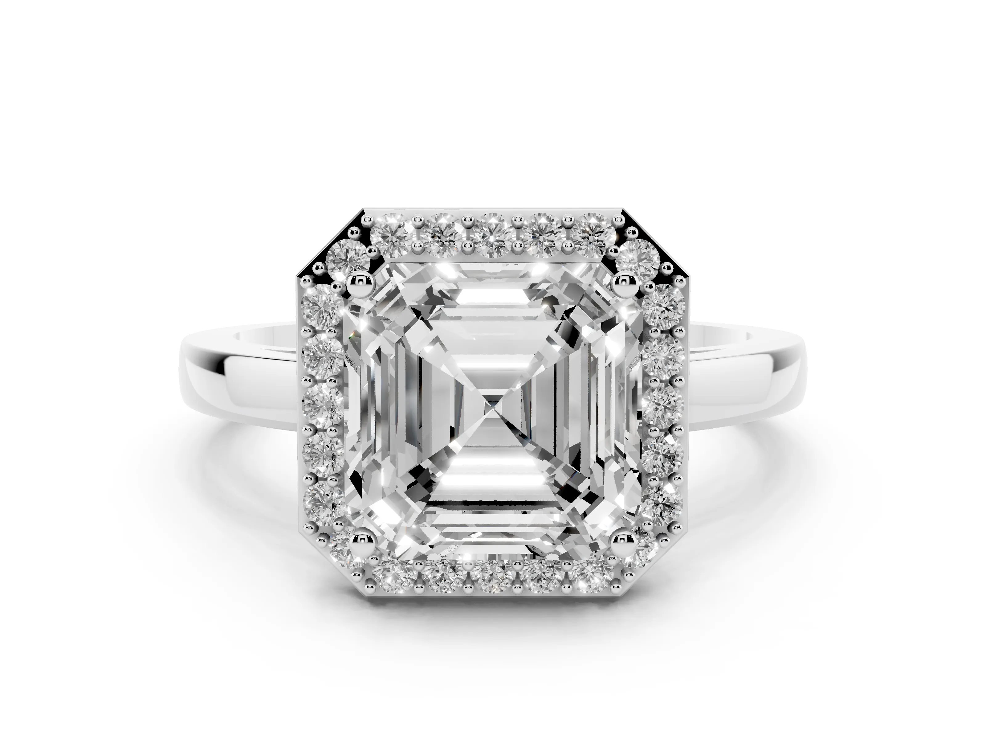 Asscher Cut Diamond Halo Ring Set in Platinum with Solitaire Band and Prong Setting