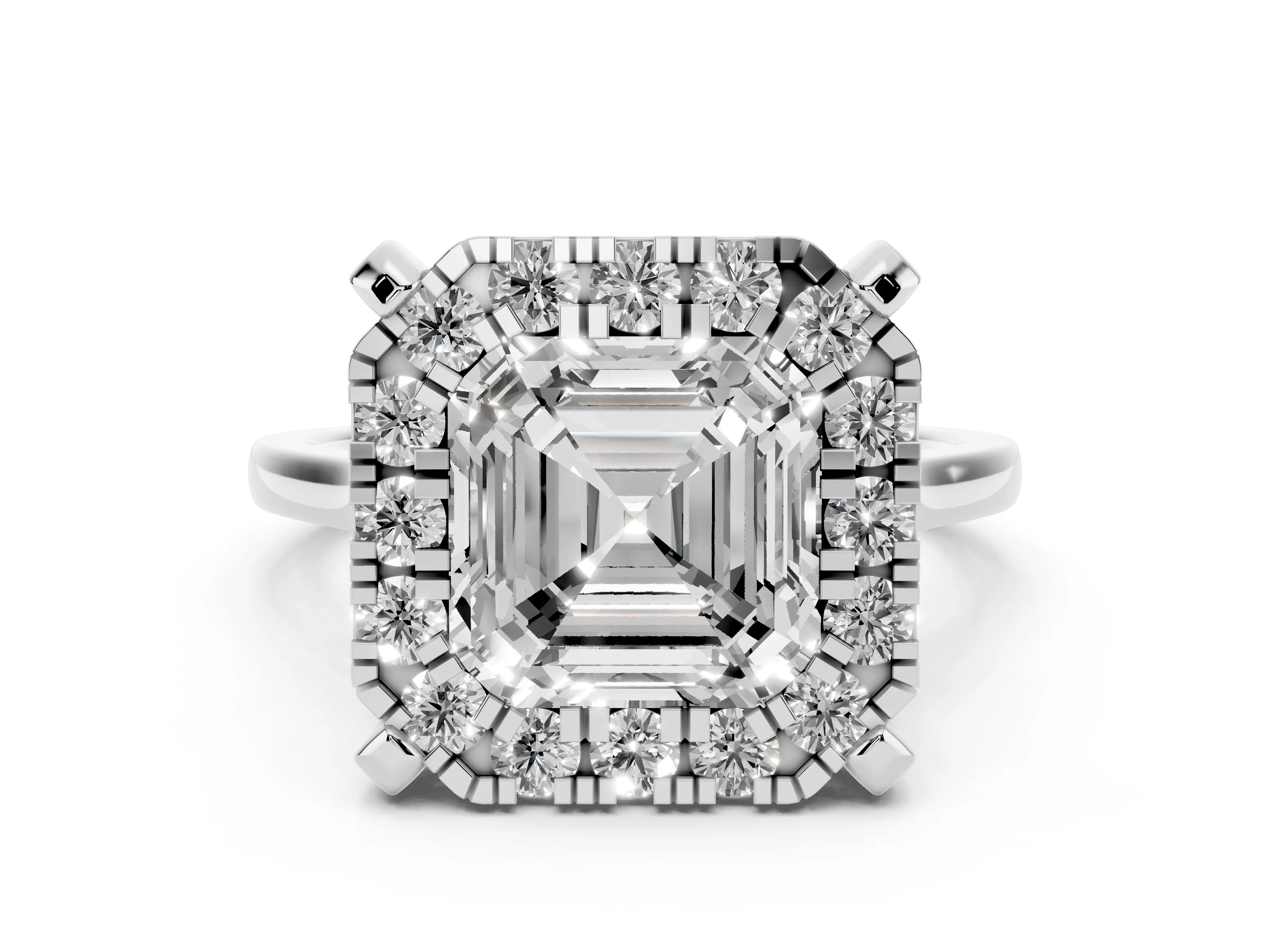 Asscher Cut Diamond Cluster Halo Solitaire Ring Set in White gold with Prong Setting