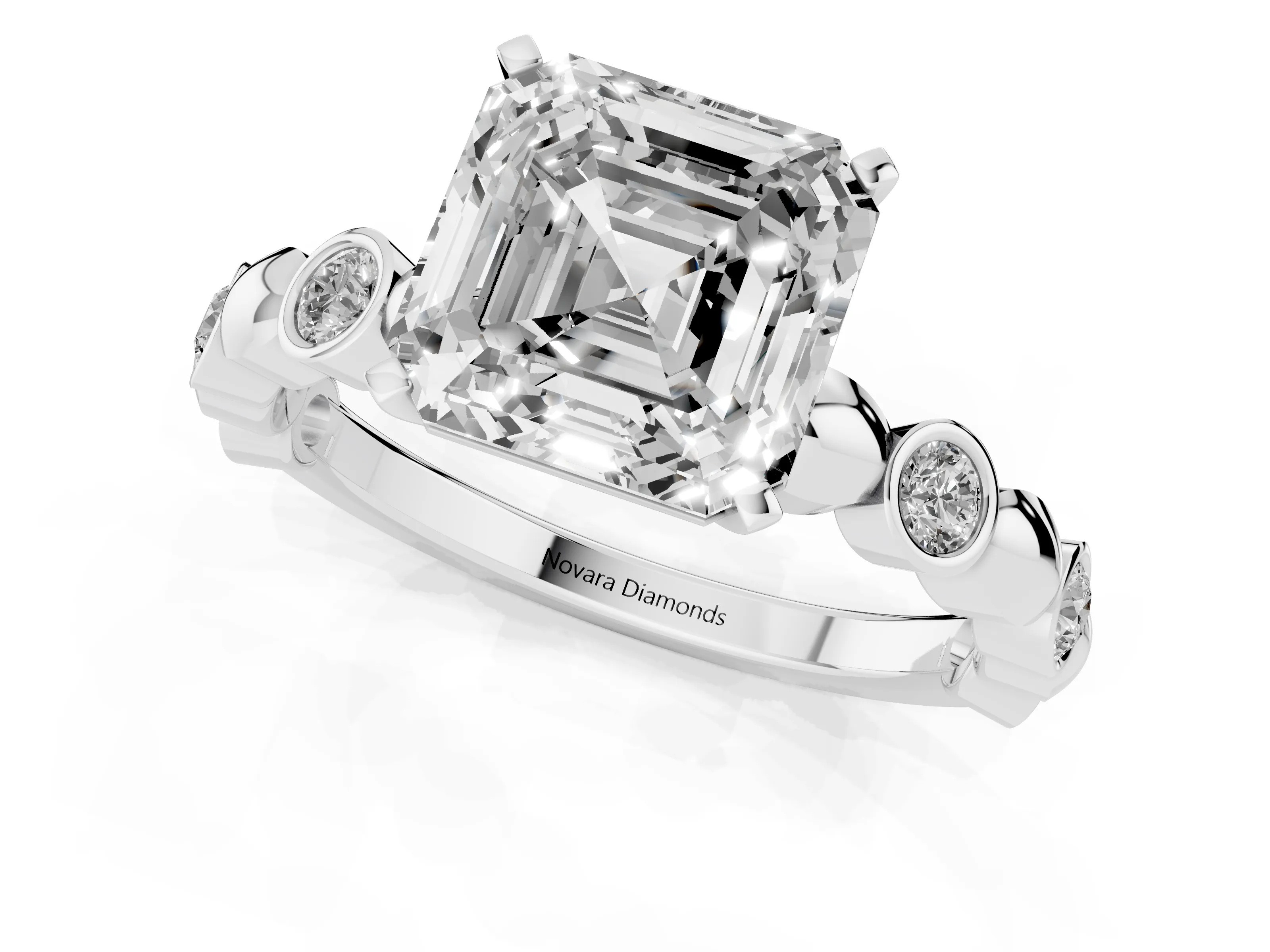 Asscher Cut Diamond Solitaire Ring Set in Silver with Bezel-Set Accents on Beaded Band and Prong Setting – second view