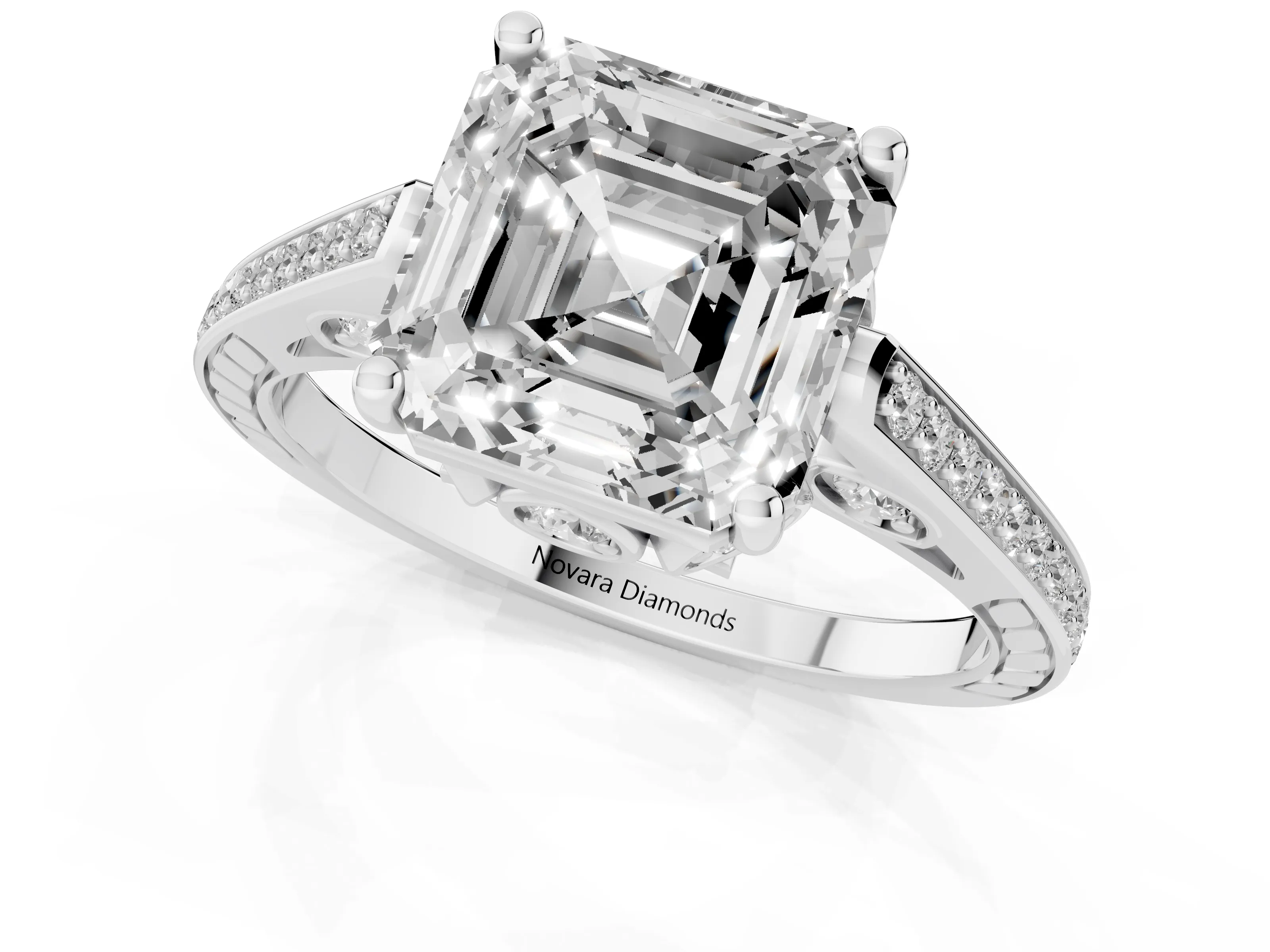 Asscher Cut Diamond Cathedral Pavé Engagement Ring Set in Platinum with Prong Setting