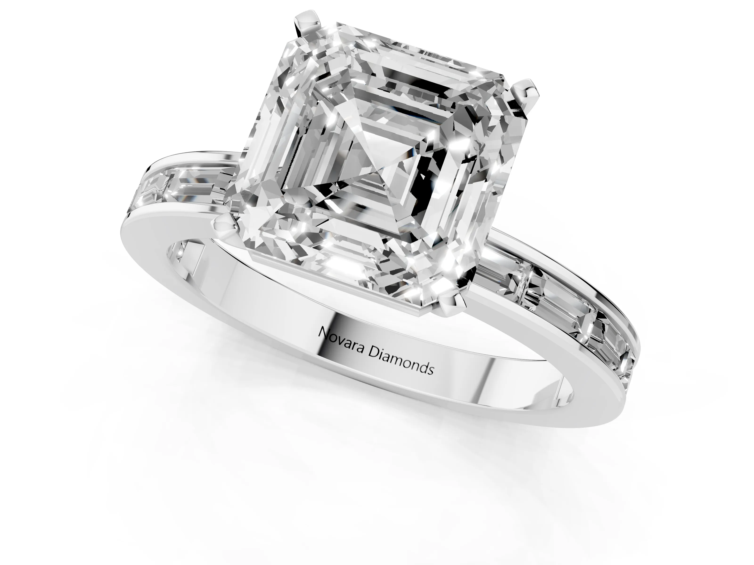Asscher Cut Diamond Solitaire Ring Set in White gold with Channel-Set Baguette Band and Prong Setting – second view