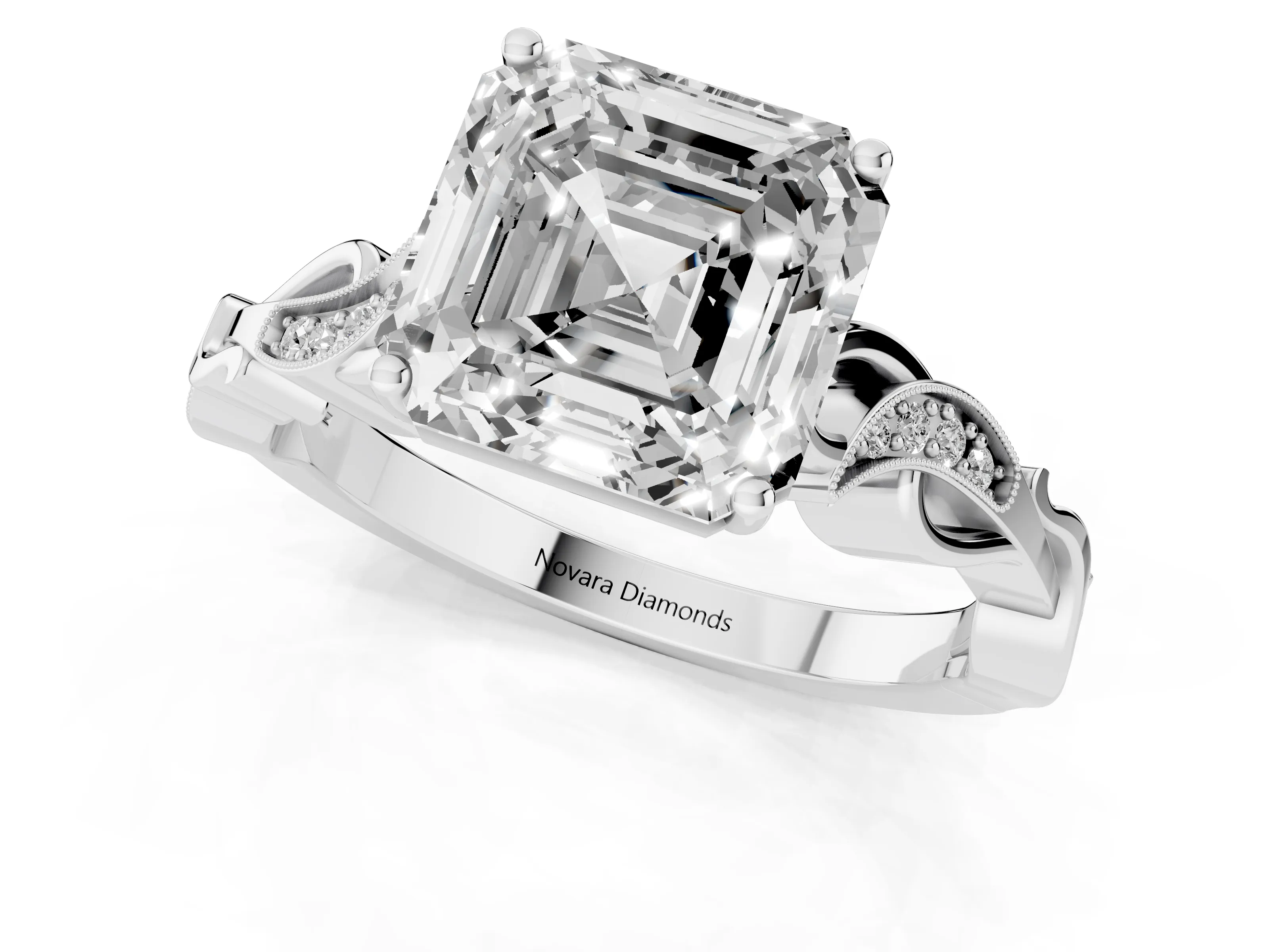 Asscher Cut Diamond Vine Band Solitaire Ring Set in Silver with Milgrain Prong Setting