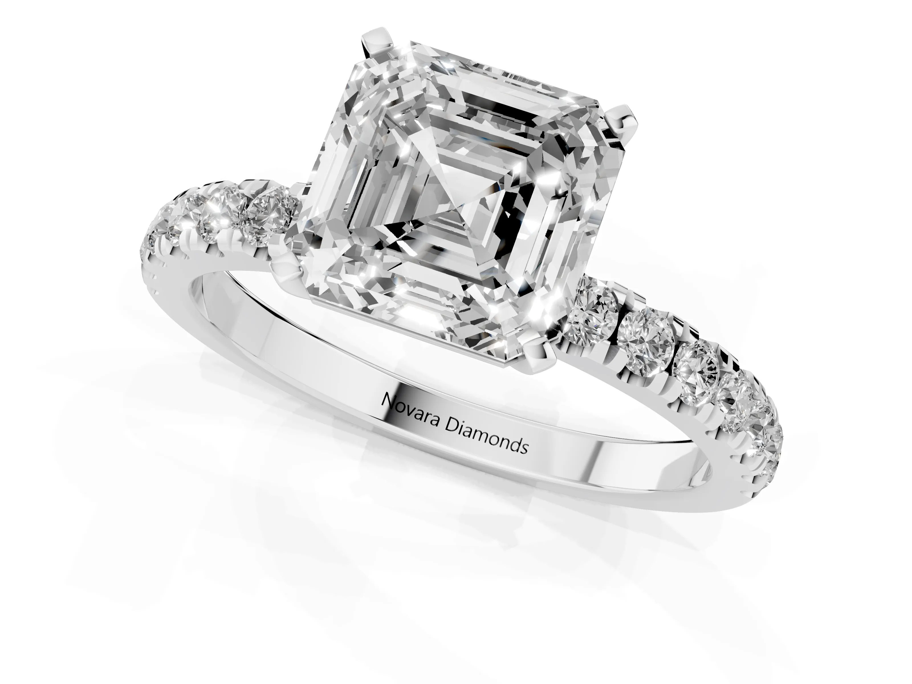 Asscher Cut Diamond Solitaire Ring Set in Platinum with Pavé Accents and Prong Setting