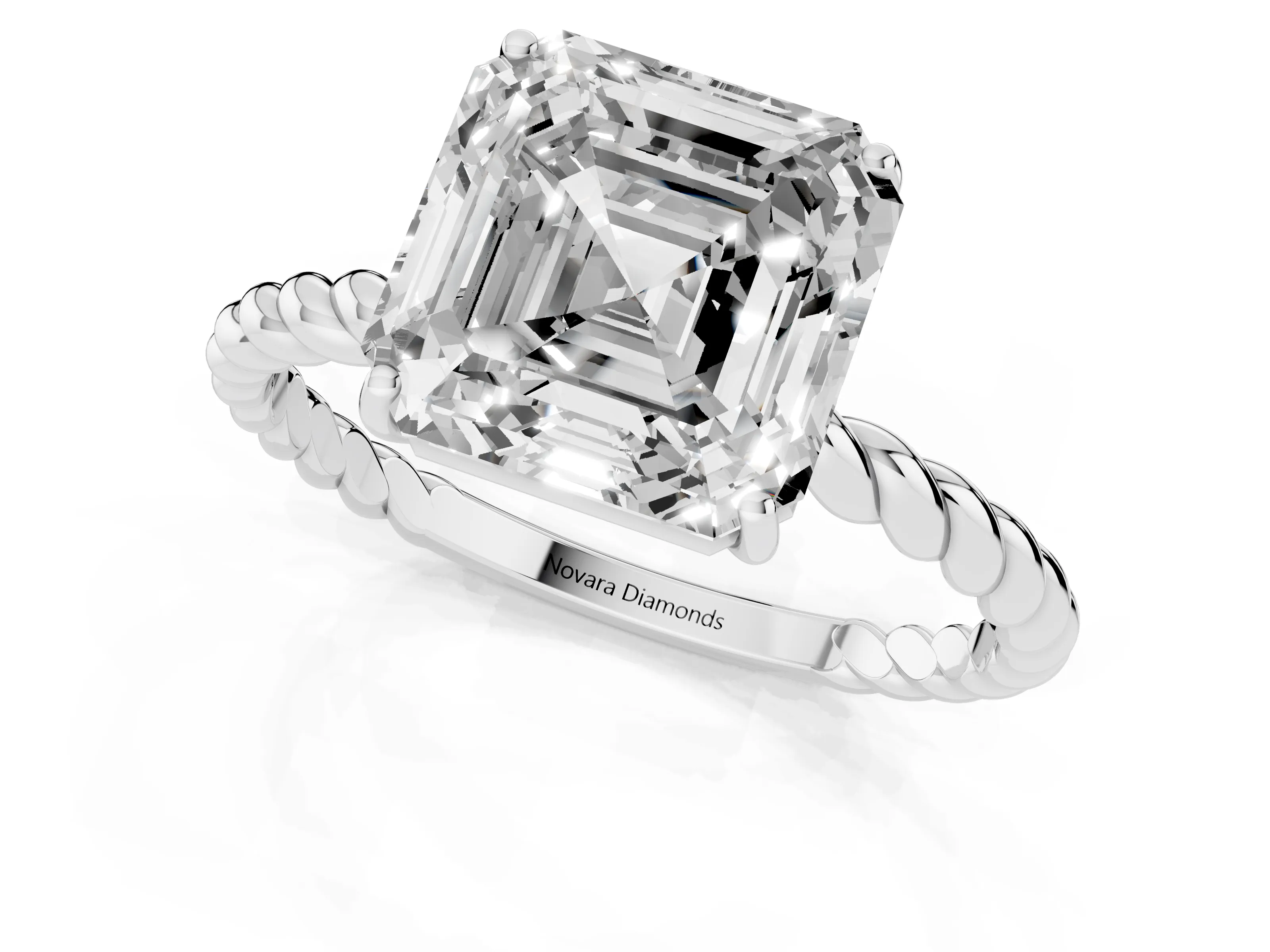 Asscher Cut Diamond Solitaire Ring Set in Platinum with Twist Band and Prong Setting