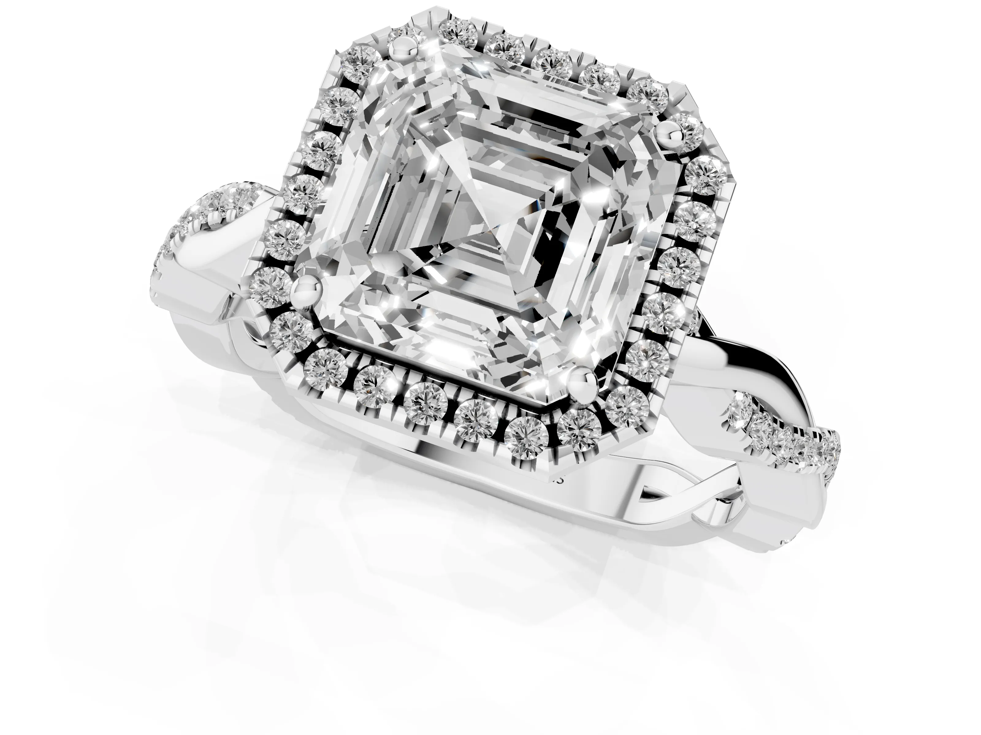 Asscher Cut Diamond Halo Twisted Band Ring Set in White gold with Prong Setting