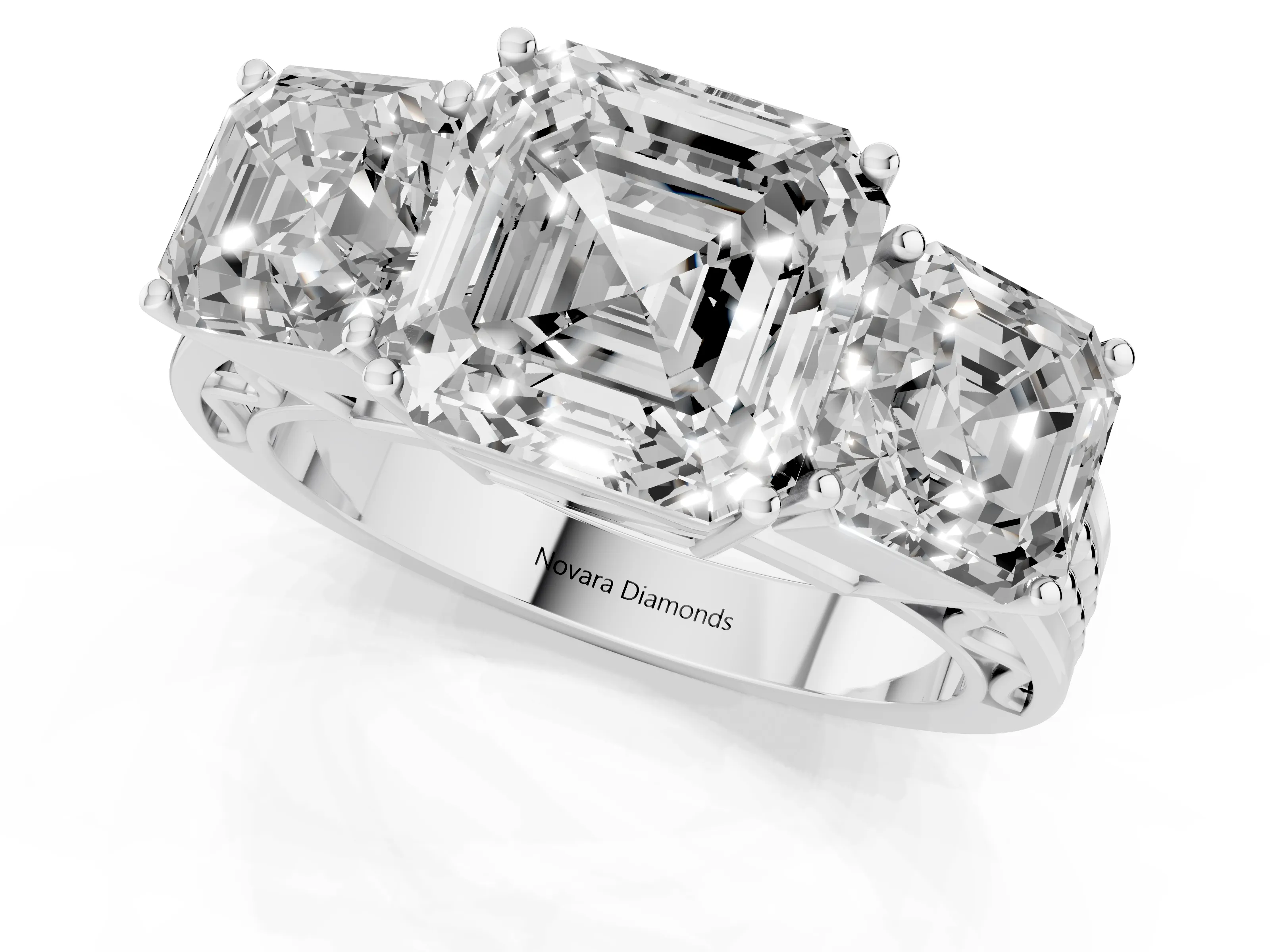 Asscher Cut Diamond Three-Stone Ring Set in White gold with Textured Band