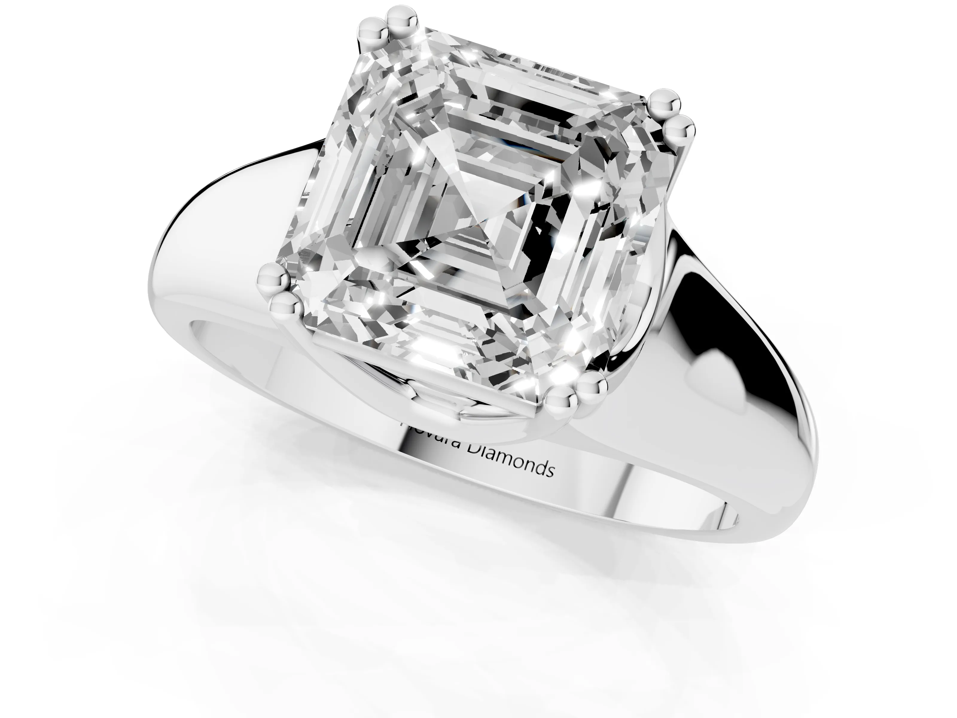 Asscher Cut Diamond Solitaire Ring Set in White gold with Wide Band and Prong Setting