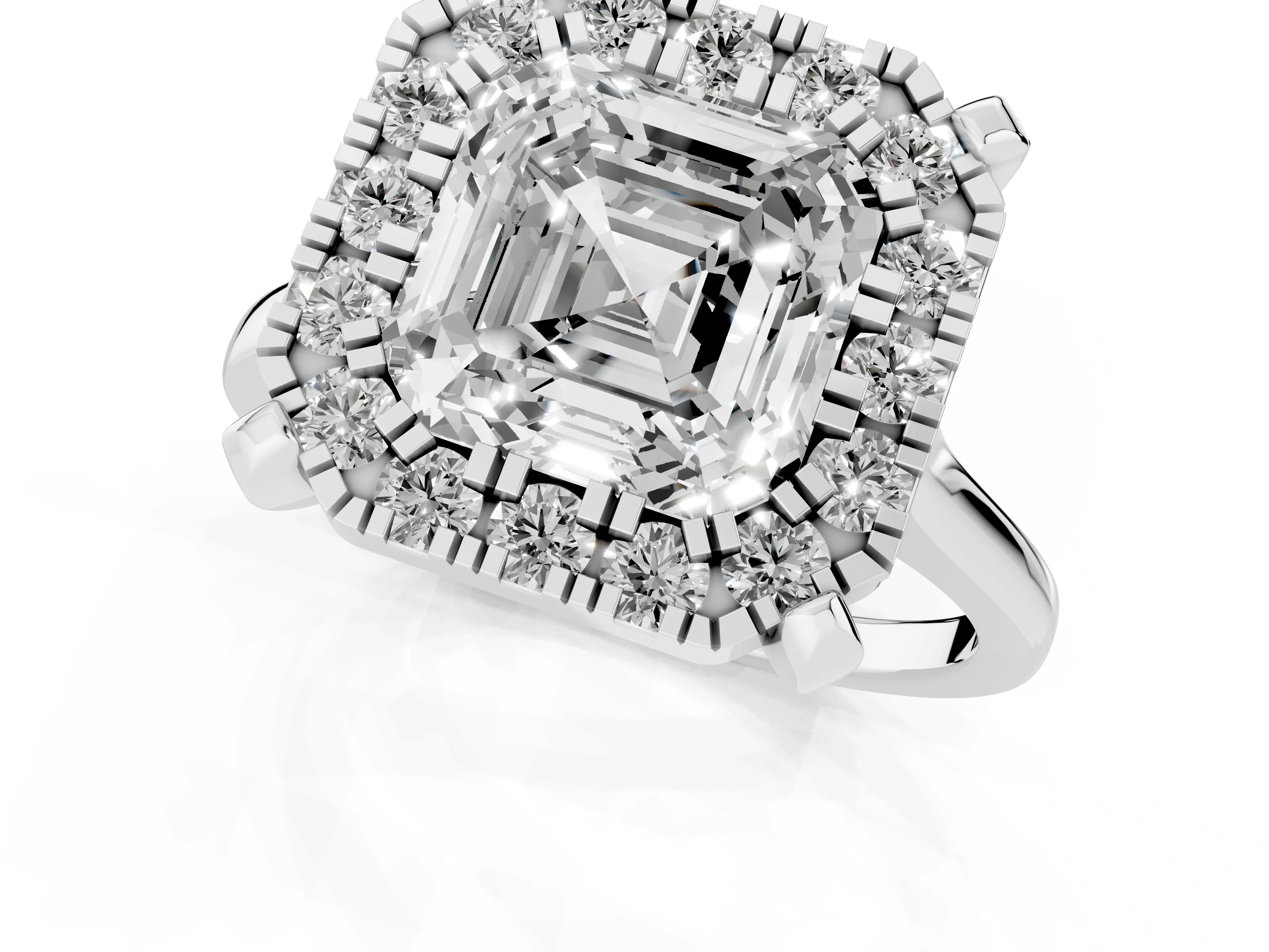 Asscher Cut Diamond Cluster Halo Solitaire Ring Set in White gold with Prong Setting
