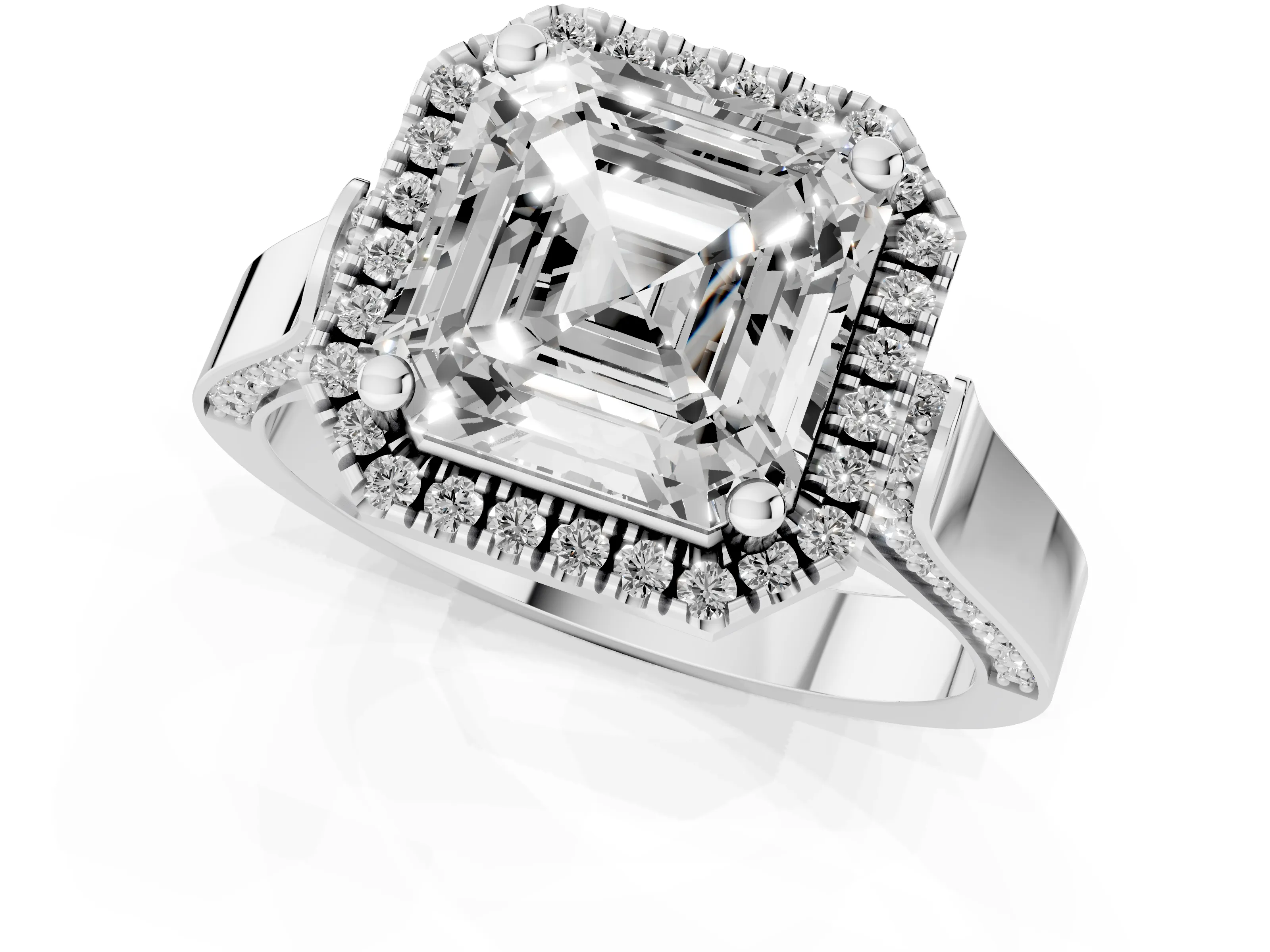 Asscher Cut Diamond Halo Ring Set in Silver with Pavé-Lined Split Shank Band