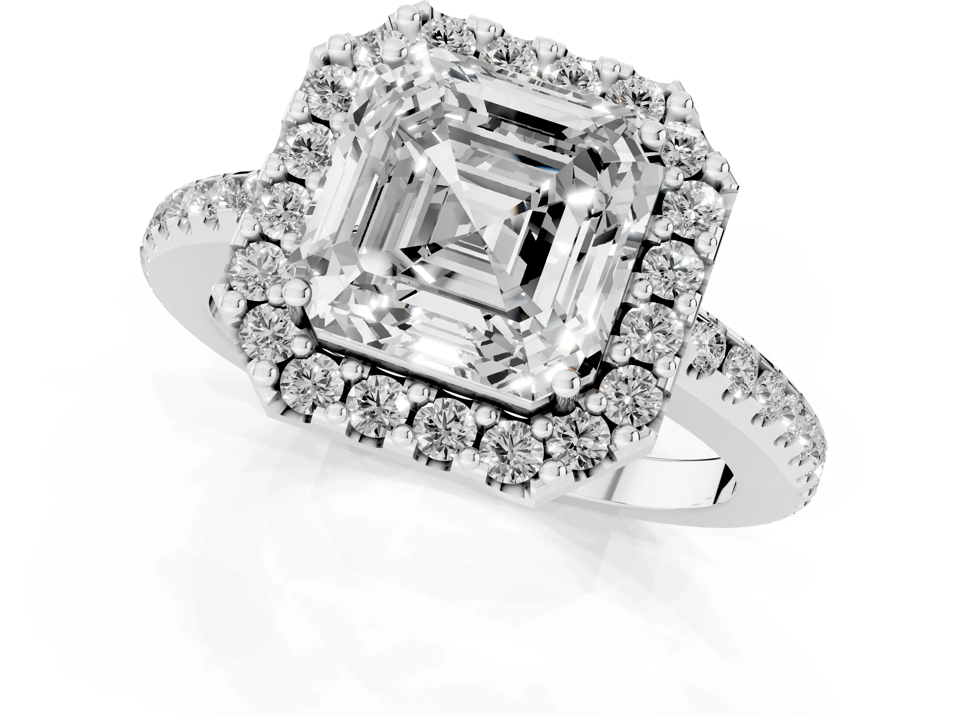Asscher Cut Diamond Pavé Halo Ring Set in Platinum with Prong Setting