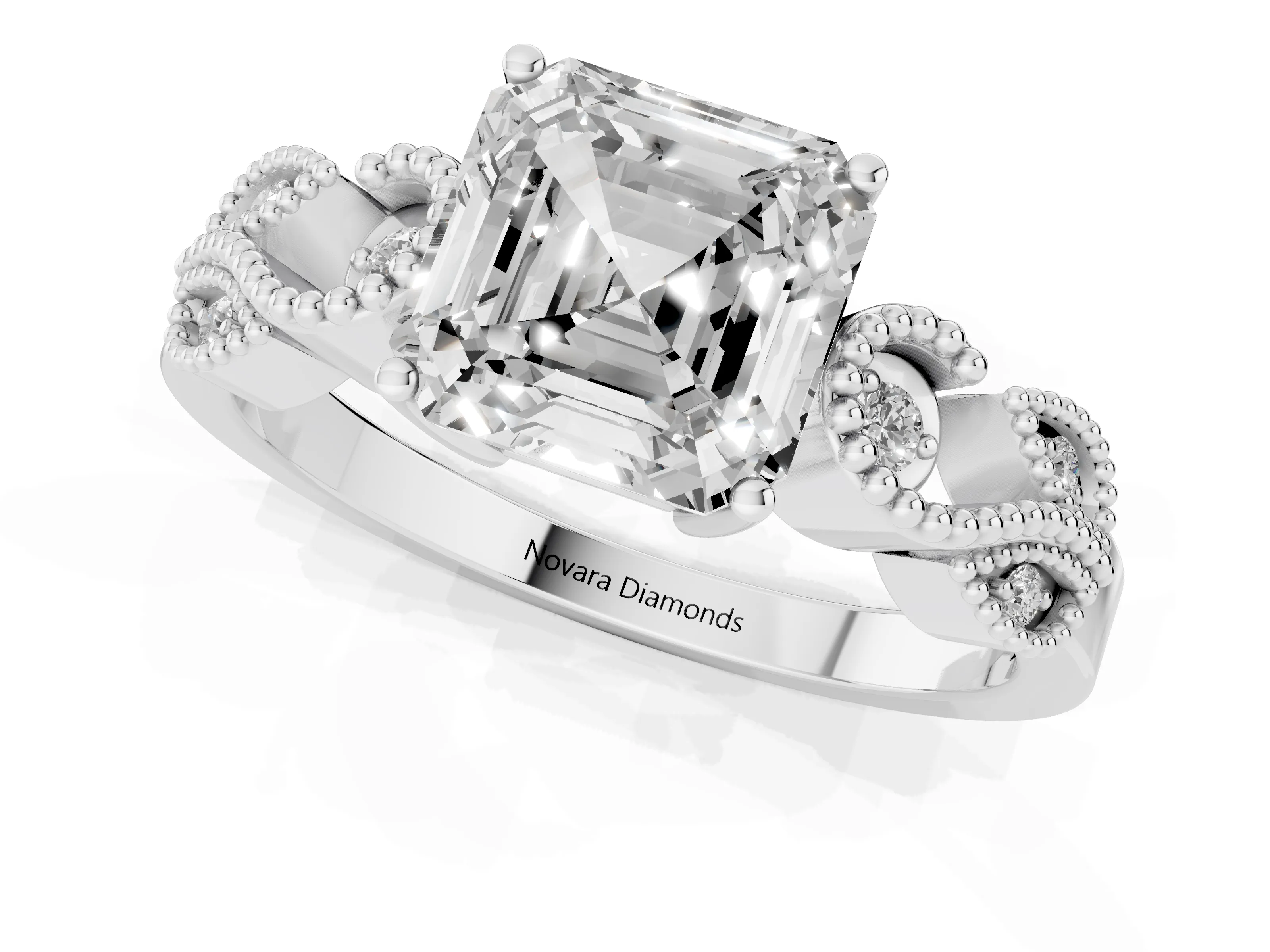 Asscher Cut Diamond Milgrain Leaf Band Solitaire Ring Set in White gold with Accent Stones and Prong Setting