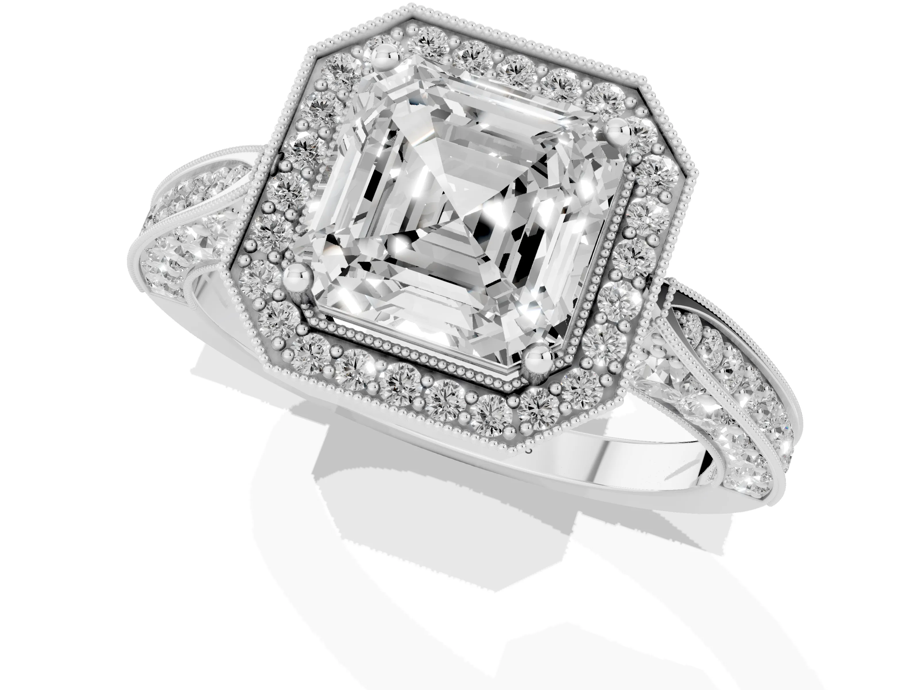 Asscher Cut Diamond Halo Engagement Ring Set in White gold with Accent Split Shank Band