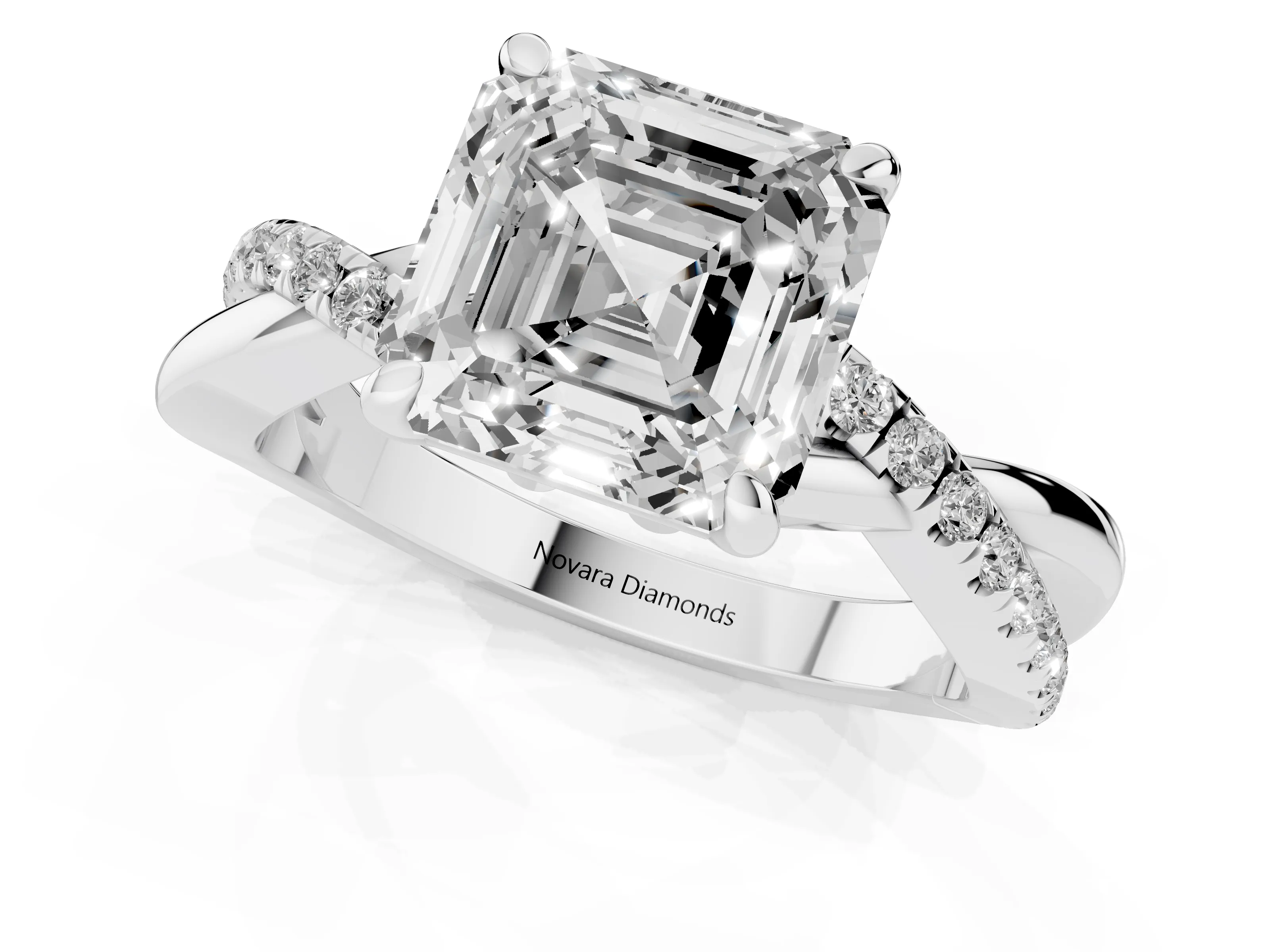 Asscher Cut Diamond Twist Band Pavé Solitaire Ring Set in Platinum with Prong Setting