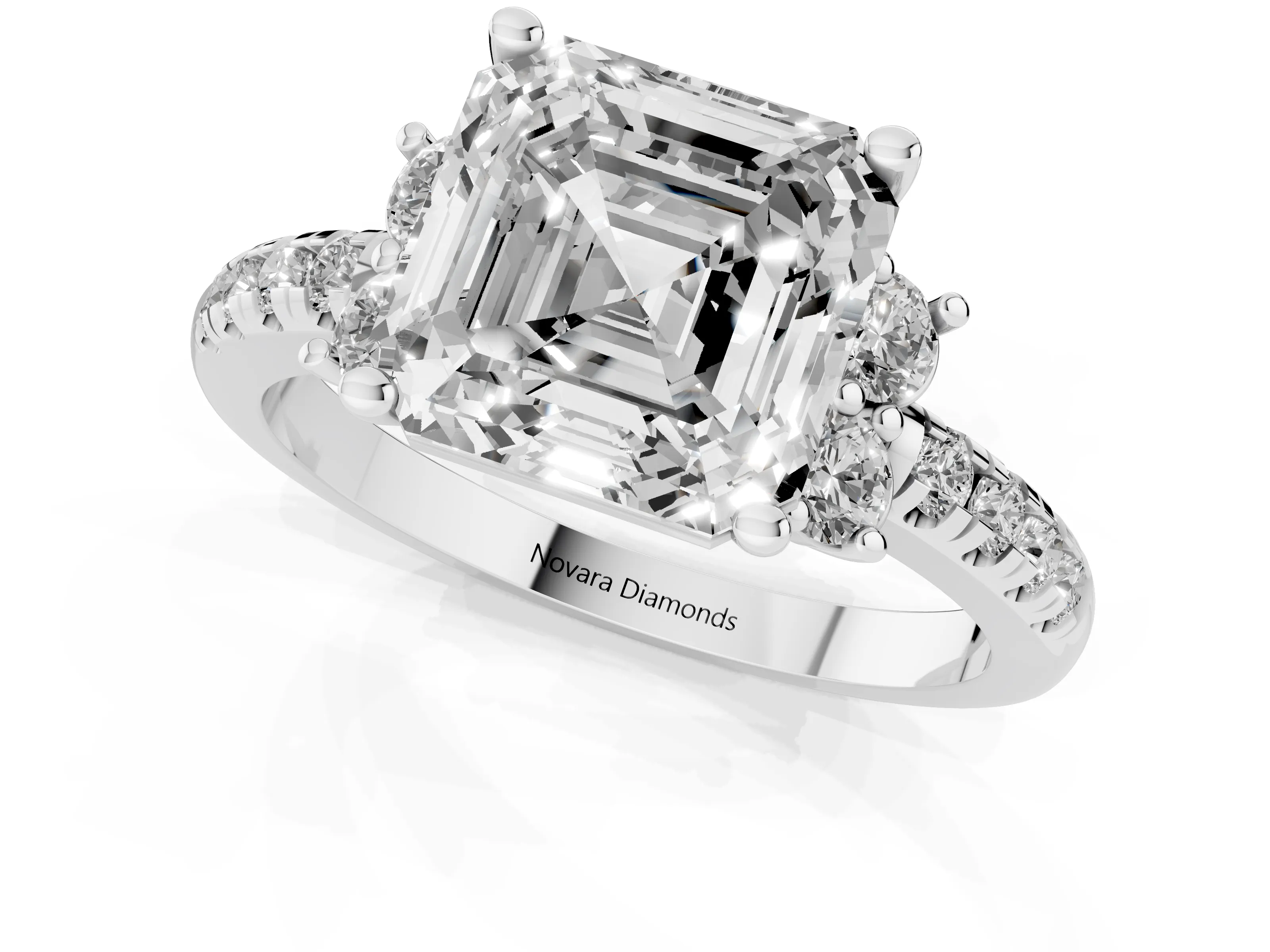 Asscher Cut Diamond Three-Stone Pavé Ring Set in Silver with Prong Setting
