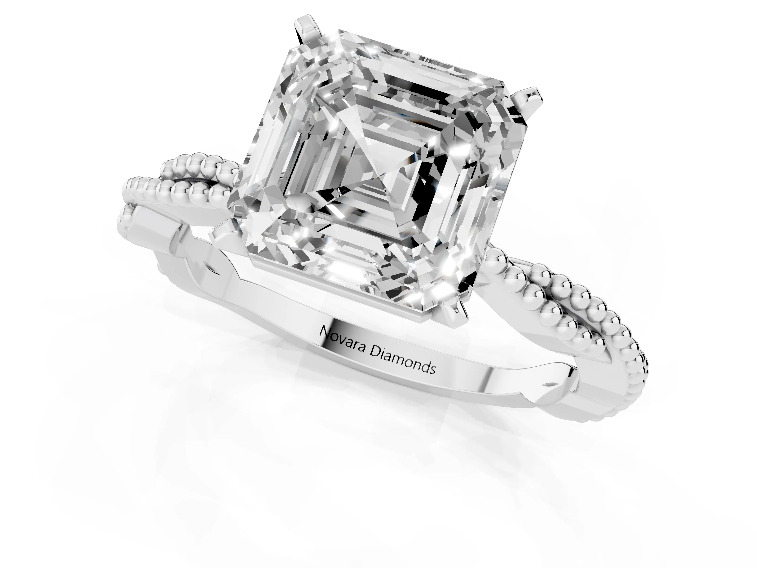 Asscher Cut Diamond Solitaire Ring Set in Silver with Twisted Band and Bead Prong Setting – second view