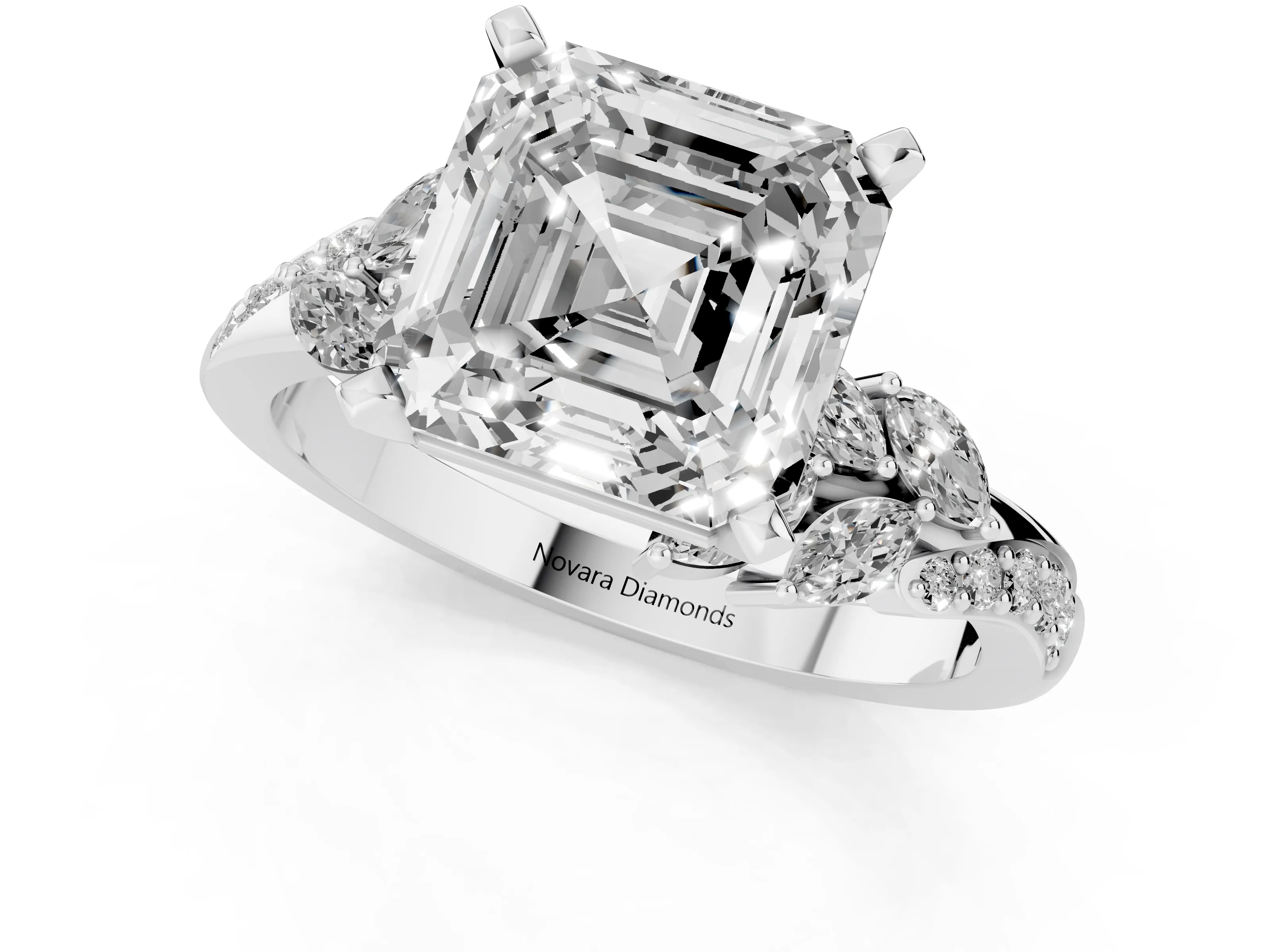 Asscher Cut Diamond Solitaire Ring Set in Silver with Marquise Twist Band and Prong Setting