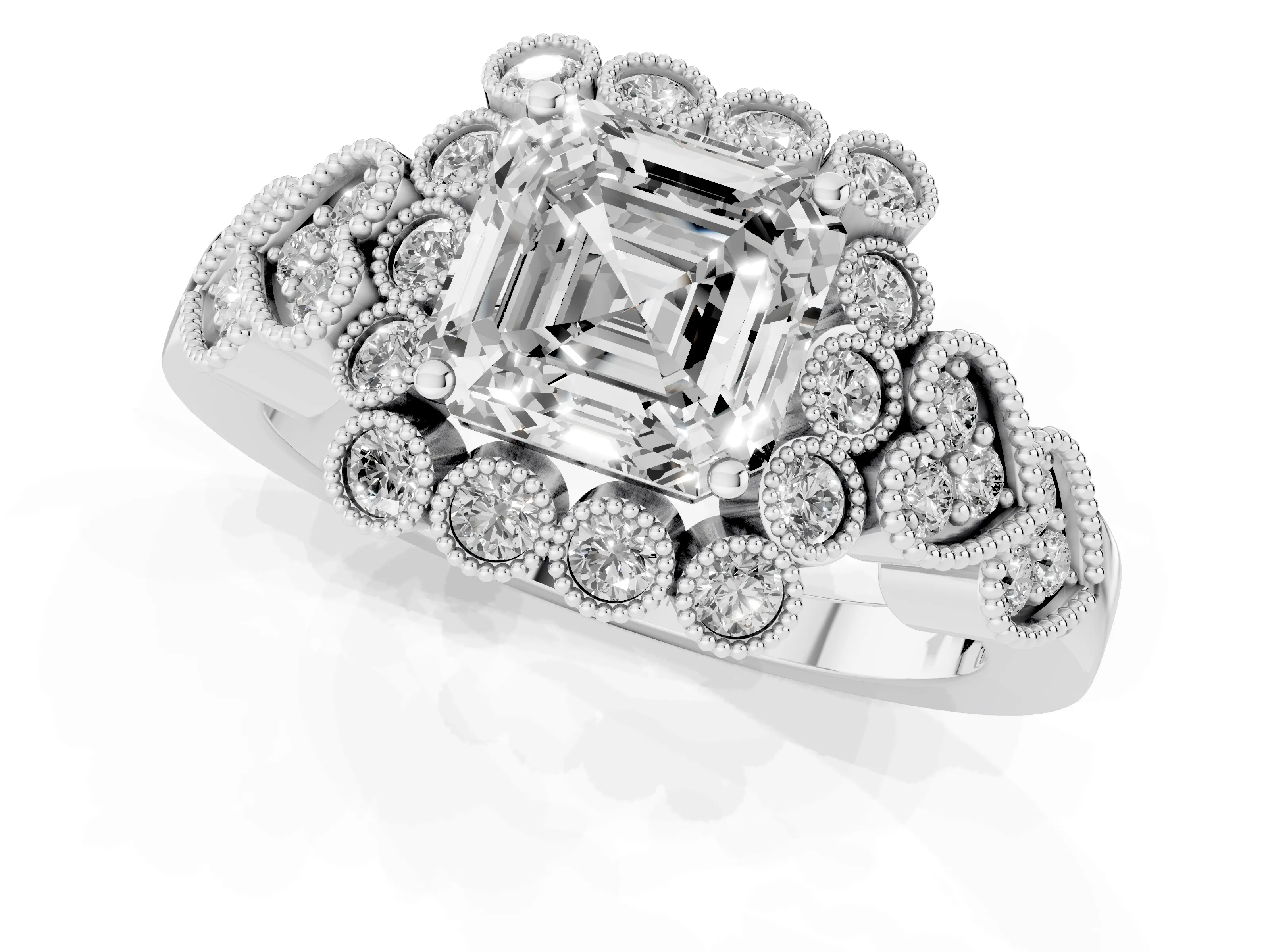 Asscher Cut Diamond Solitaire Ring Set in White gold with Milgrain Pavé Heart Band – second view