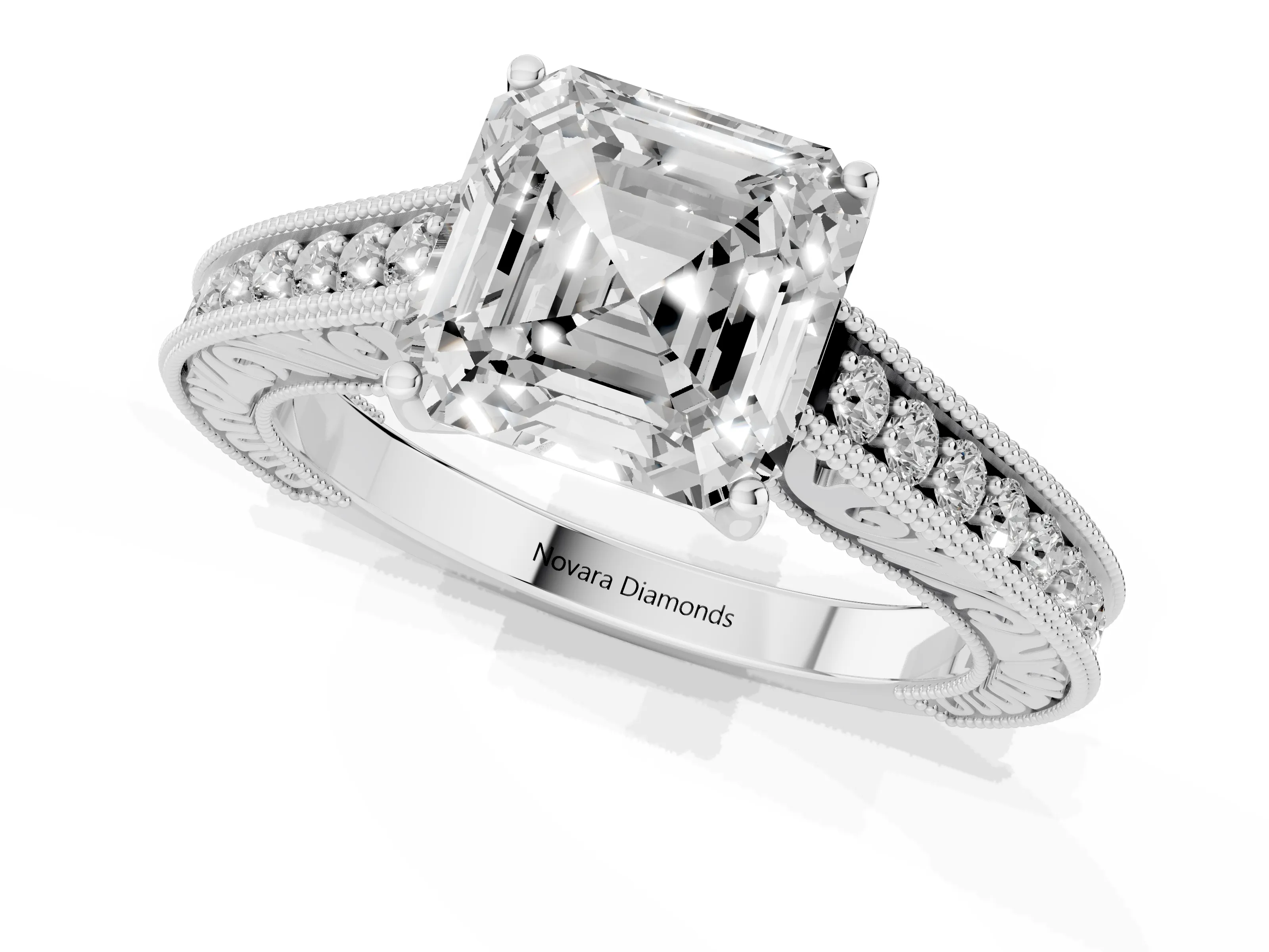 Asscher Cut Diamond Milgrain Pavé Band Solitaire Ring Set in Platinum with Prong Setting