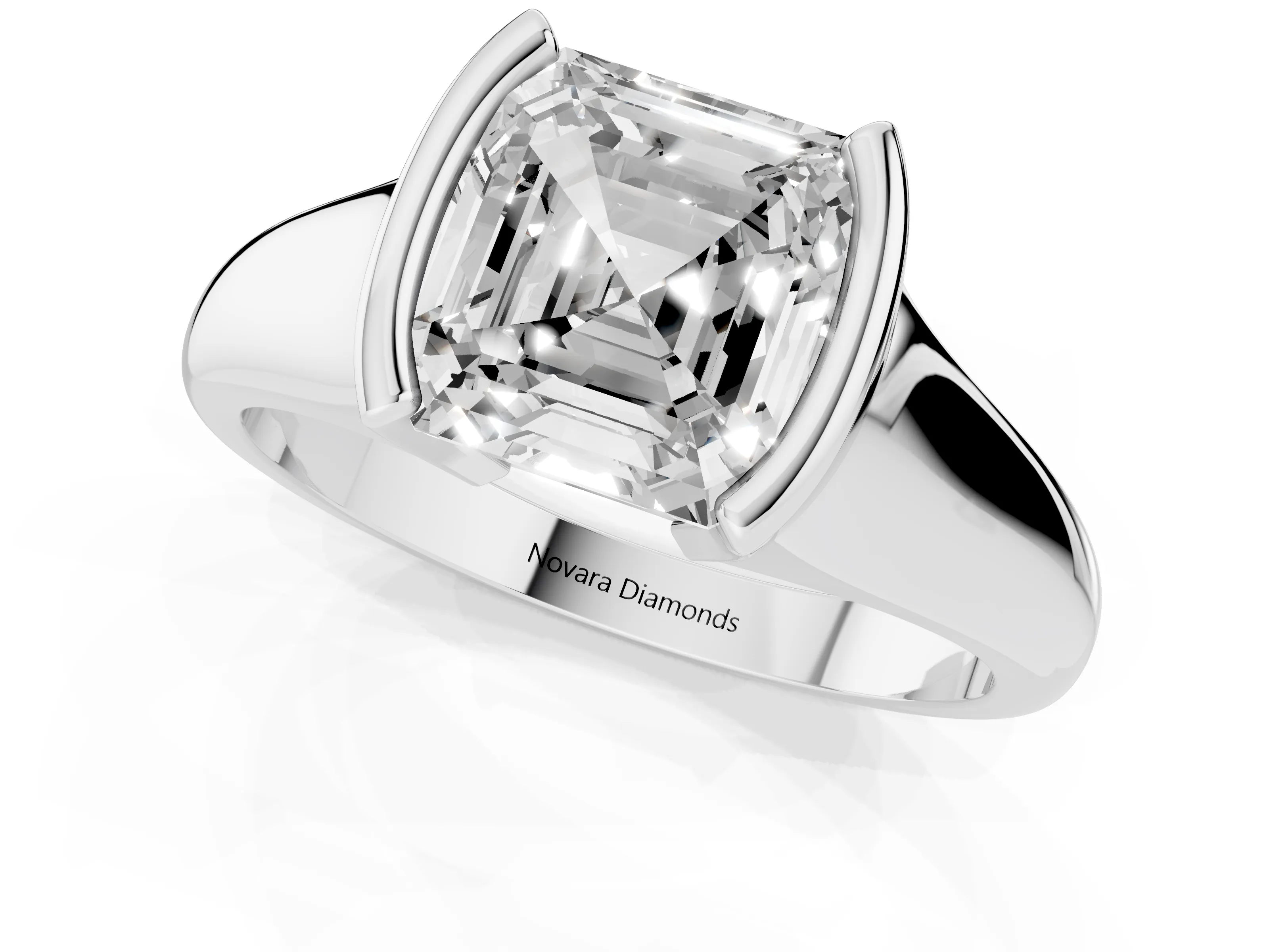 Asscher Cut Diamond Solitaire Tension Set Ring Set in Platinum with Split Shank Band