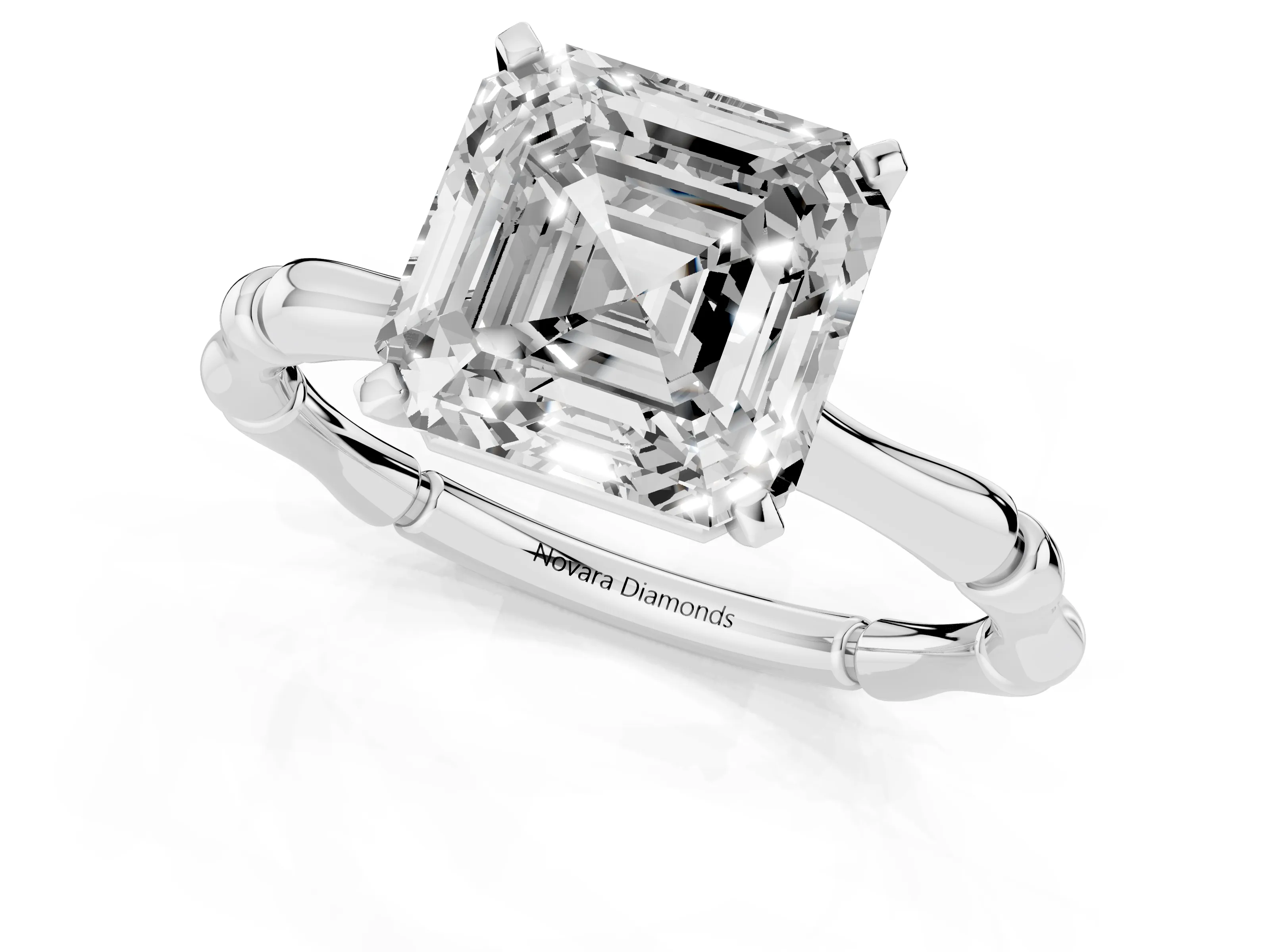 Asscher Cut Diamond Solitaire Ring Set in White gold with Bamboo Band and Prong Setting