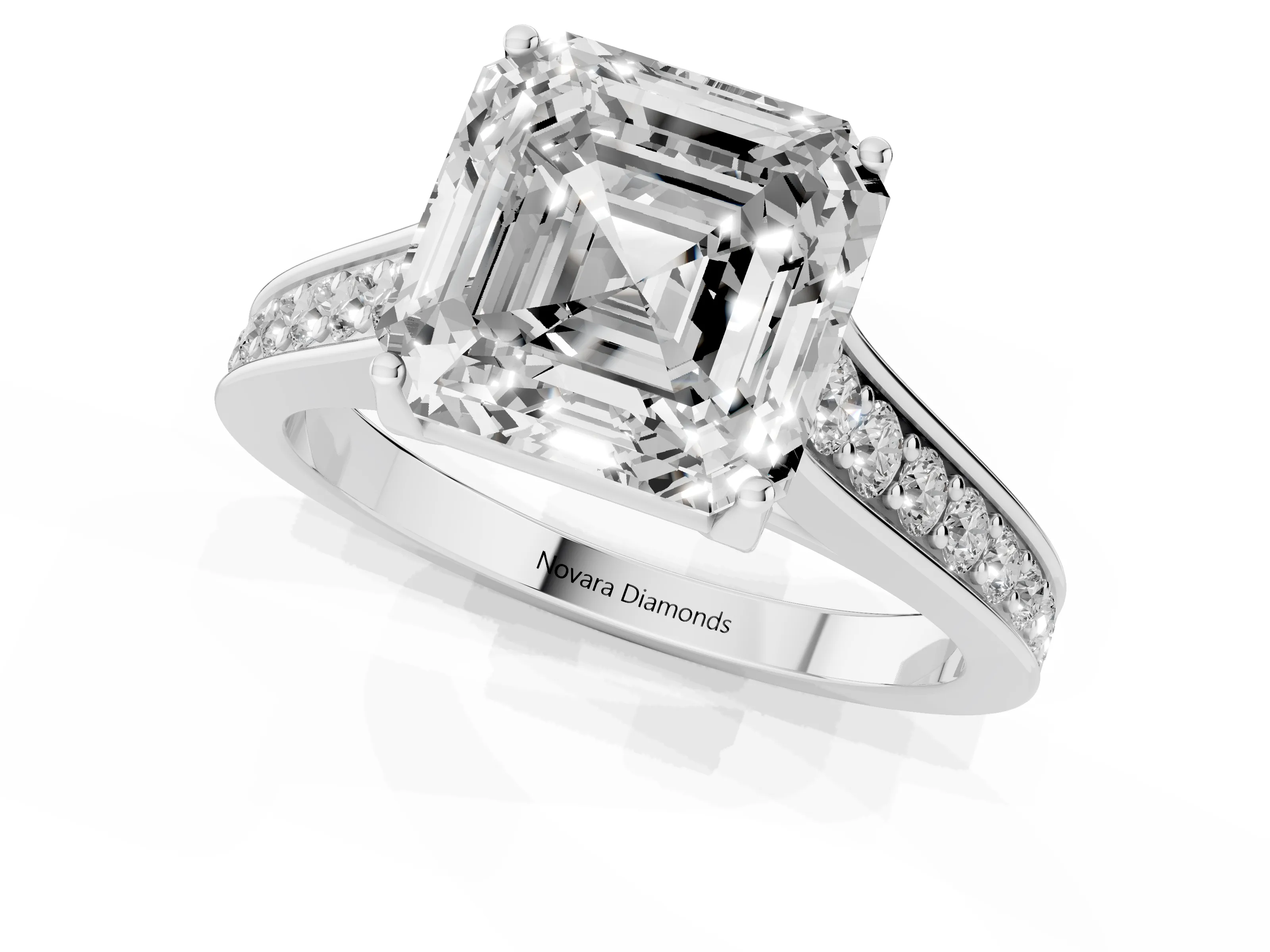 Asscher Cut Diamond Solitaire Pavé Engagement Ring Set in White gold with Prong Setting