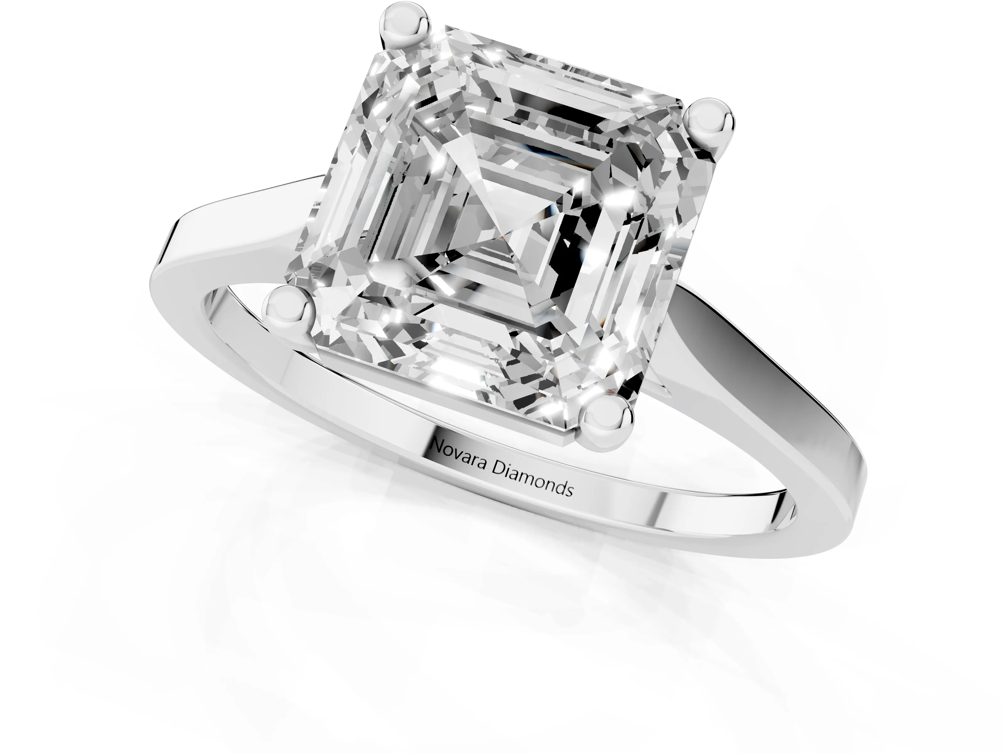 Asscher Cut Diamond Solitaire Ring Set in Platinum with Prong Setting and Tapered Band