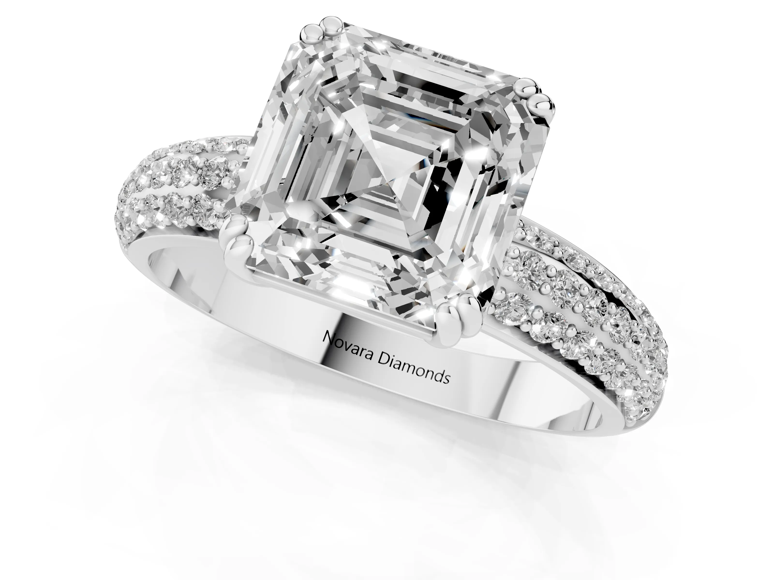 Asscher Cut Diamond Solitaire Ring Set in Platinum with Multi-Row Round Pavé Band and Prong Setting