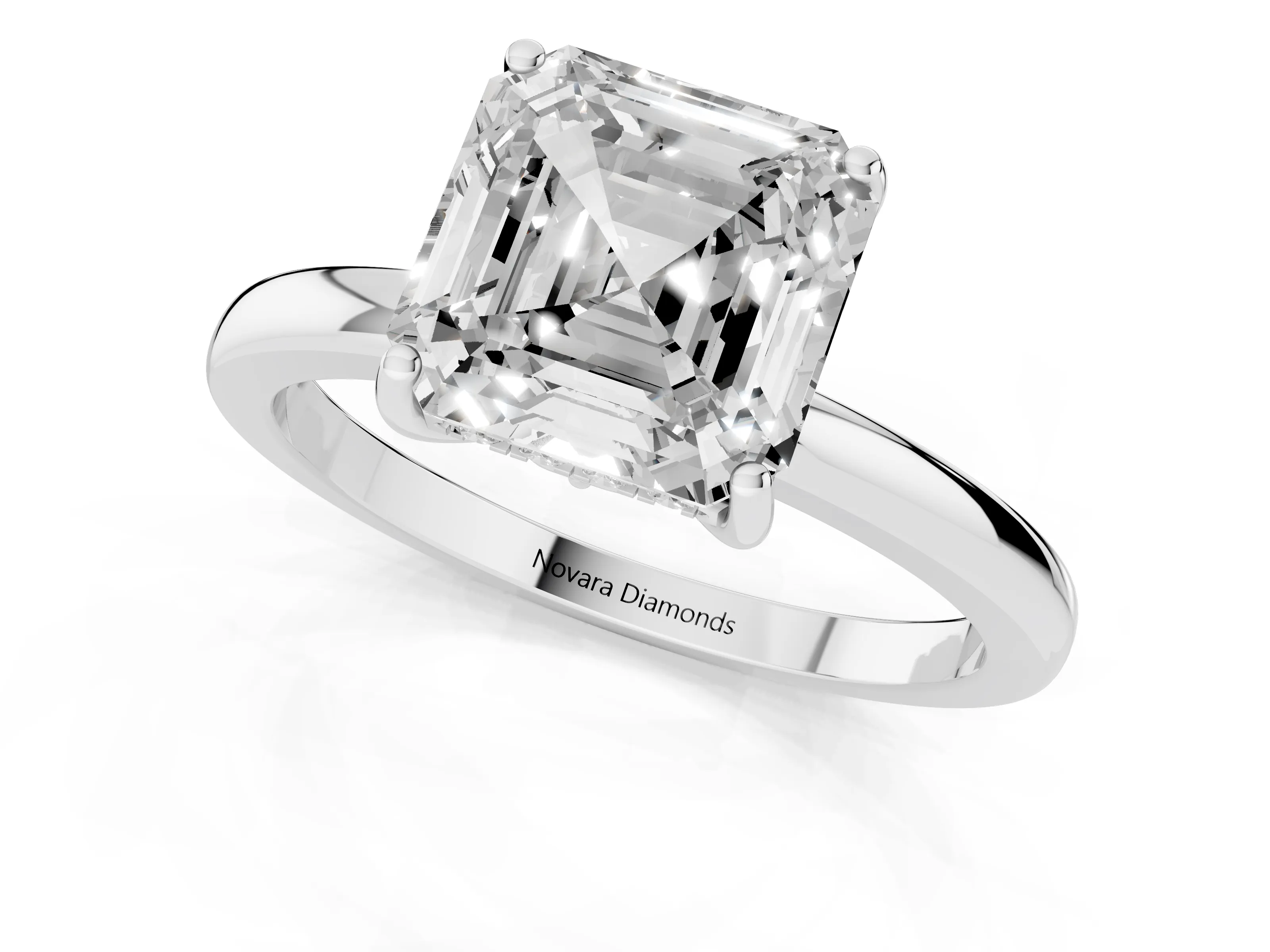 Asscher Cut Diamond Solitaire Ring Set in Silver with Plain Band and Prong Setting
