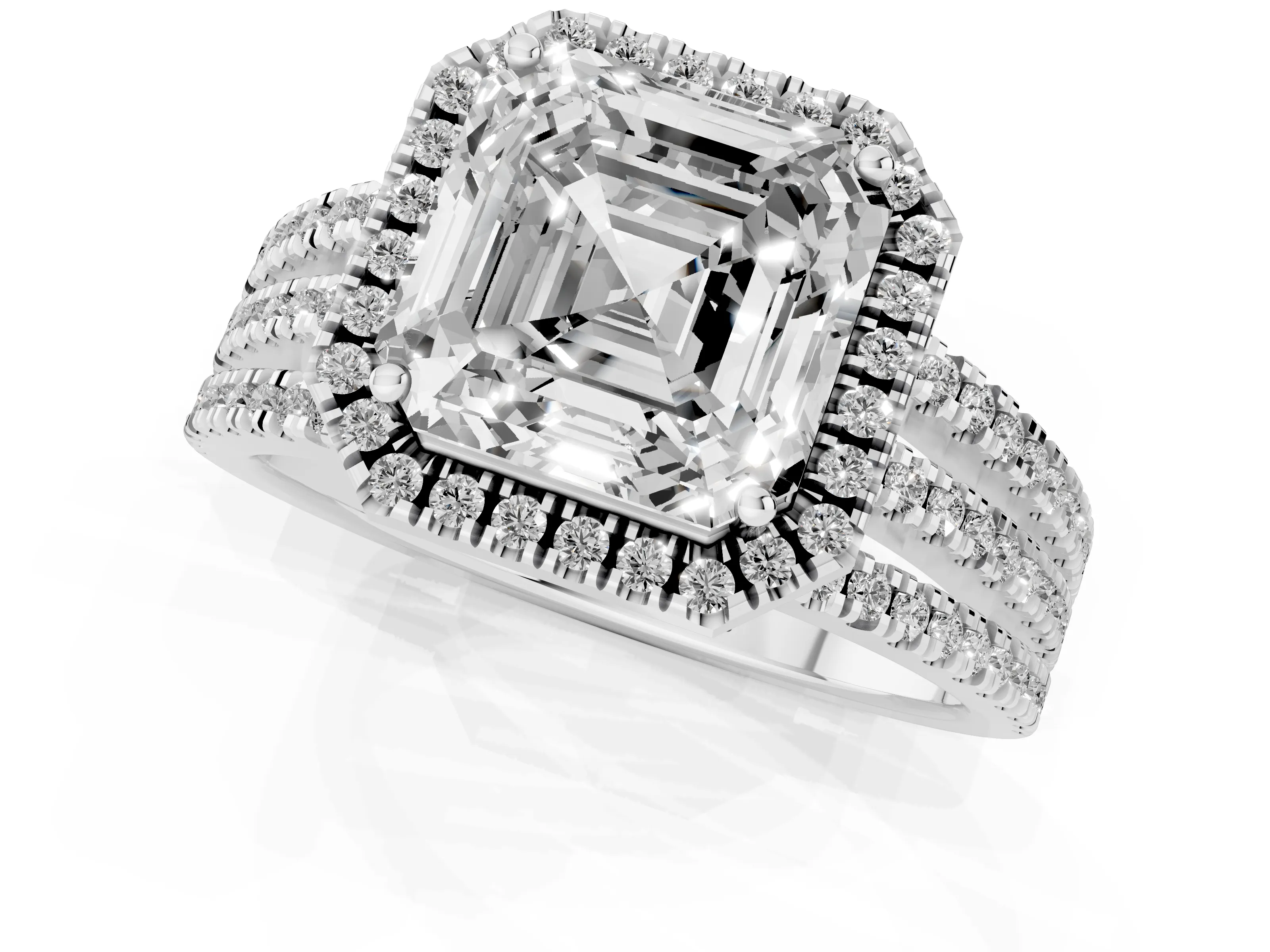 Asscher Cut Diamond Halo Split Shank Engagement Ring Set in Silver with Prong Setting