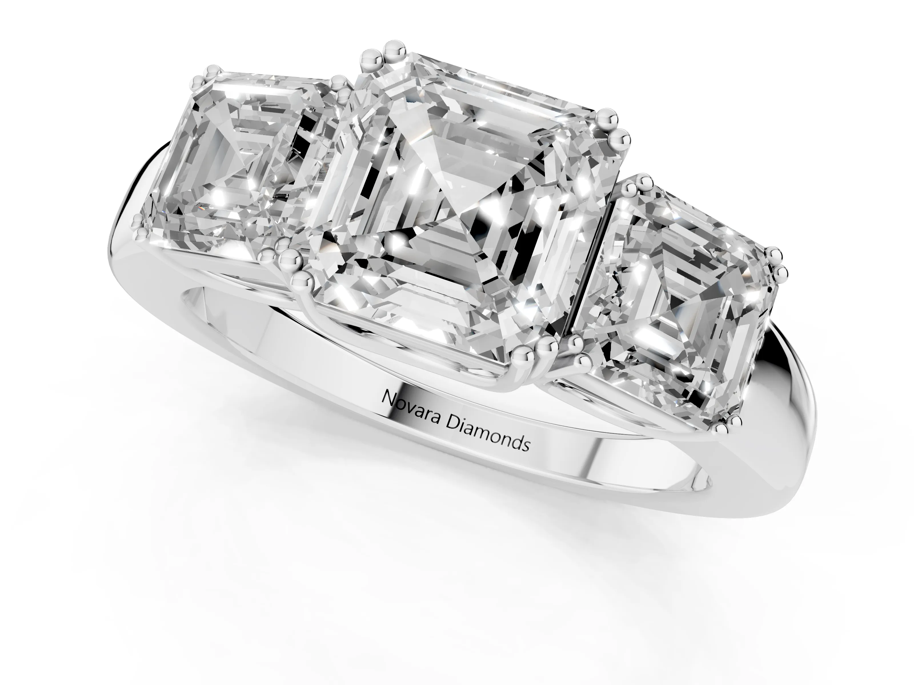 Asscher Cut Diamond Three-Stone Ring Set in Silver with Polished Band and Prong Setting
