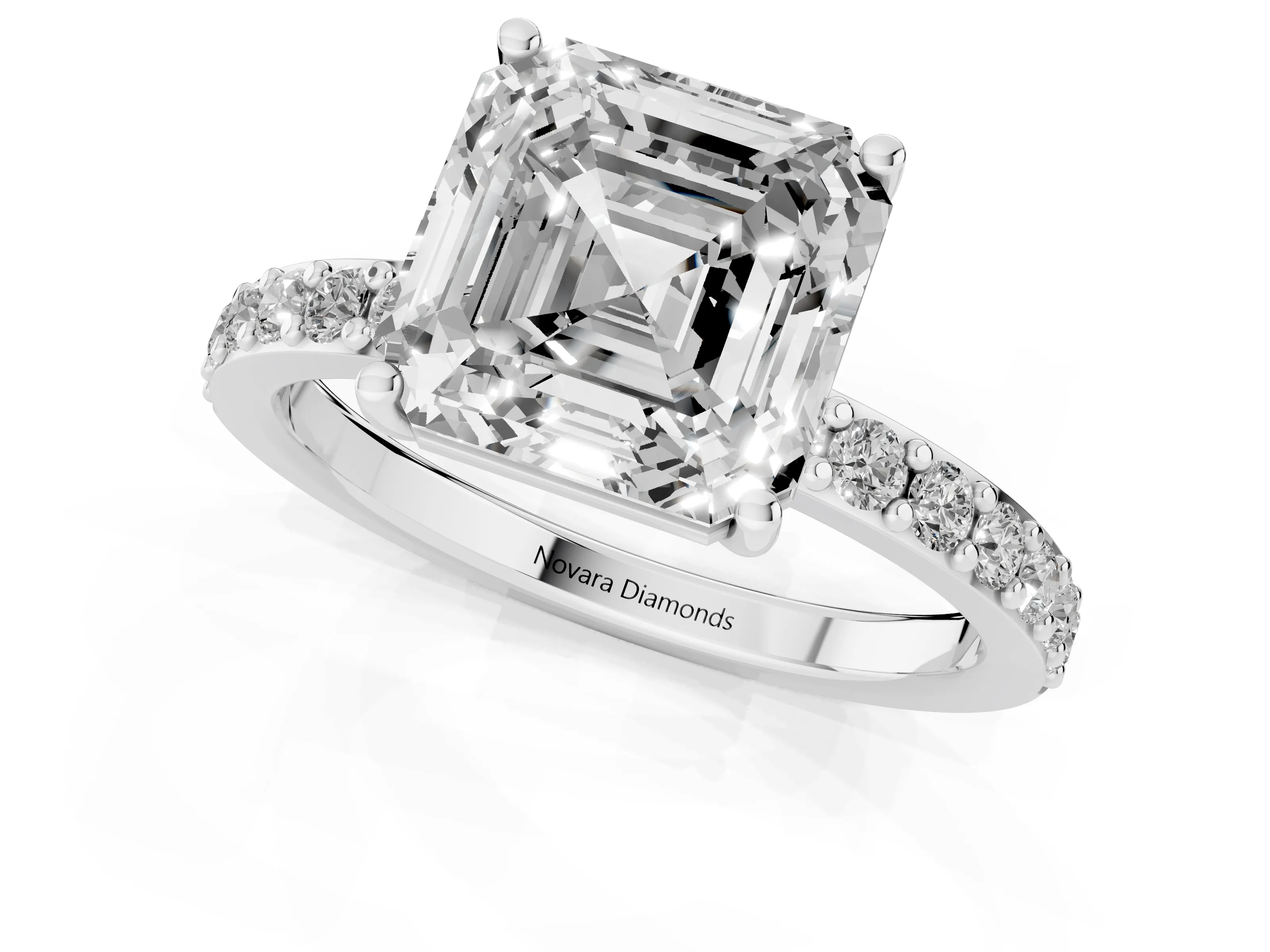 Asscher Cut Diamond Solitaire Set in White gold with Round Pavé Band and Prong Setting – second view