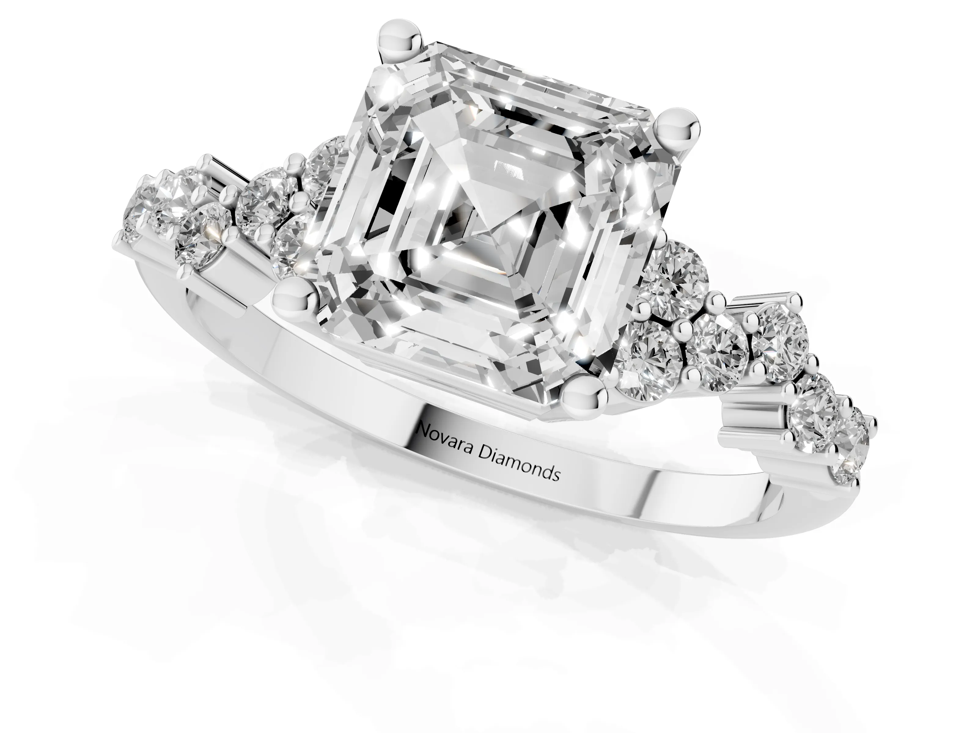 Asscher Cut Diamond Ring Set in Silver with Scattered Round Accents