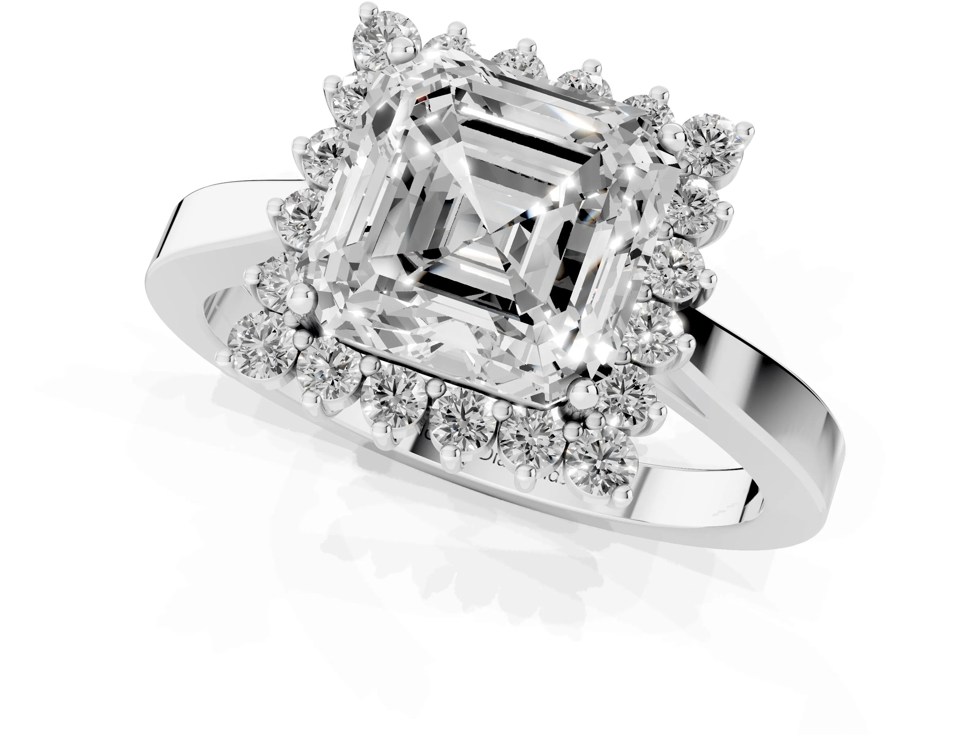 Asscher Cut Diamond Halo Ring Set in White gold with Round Halo and Smooth Solitaire Band