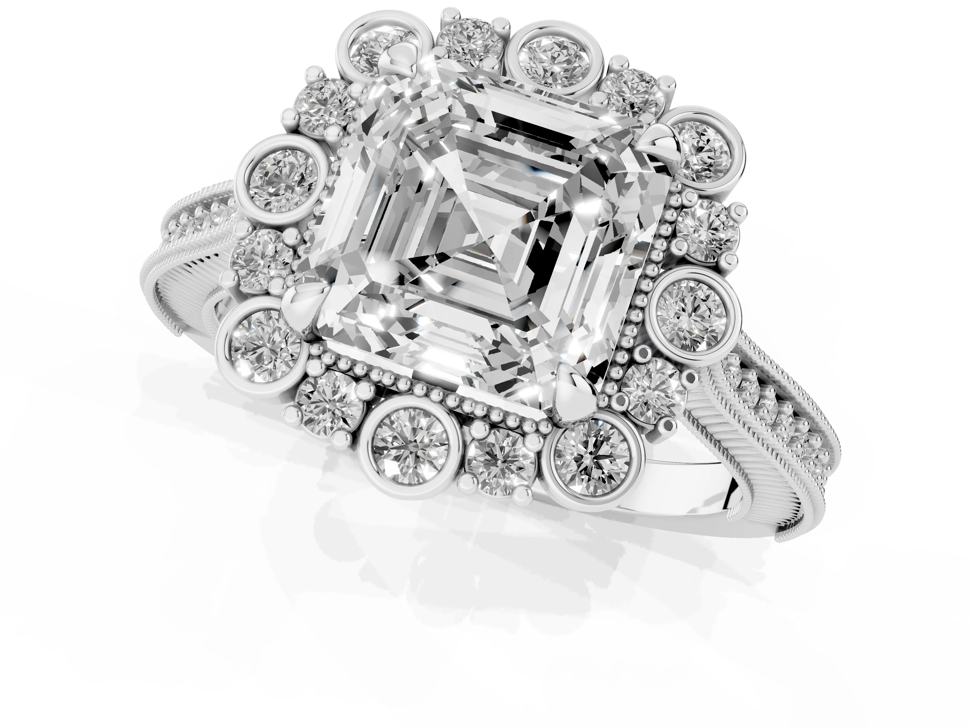 Asscher Cut Diamond Halo Milgrain Pavé Ring Set in White gold with Prong Setting – second view