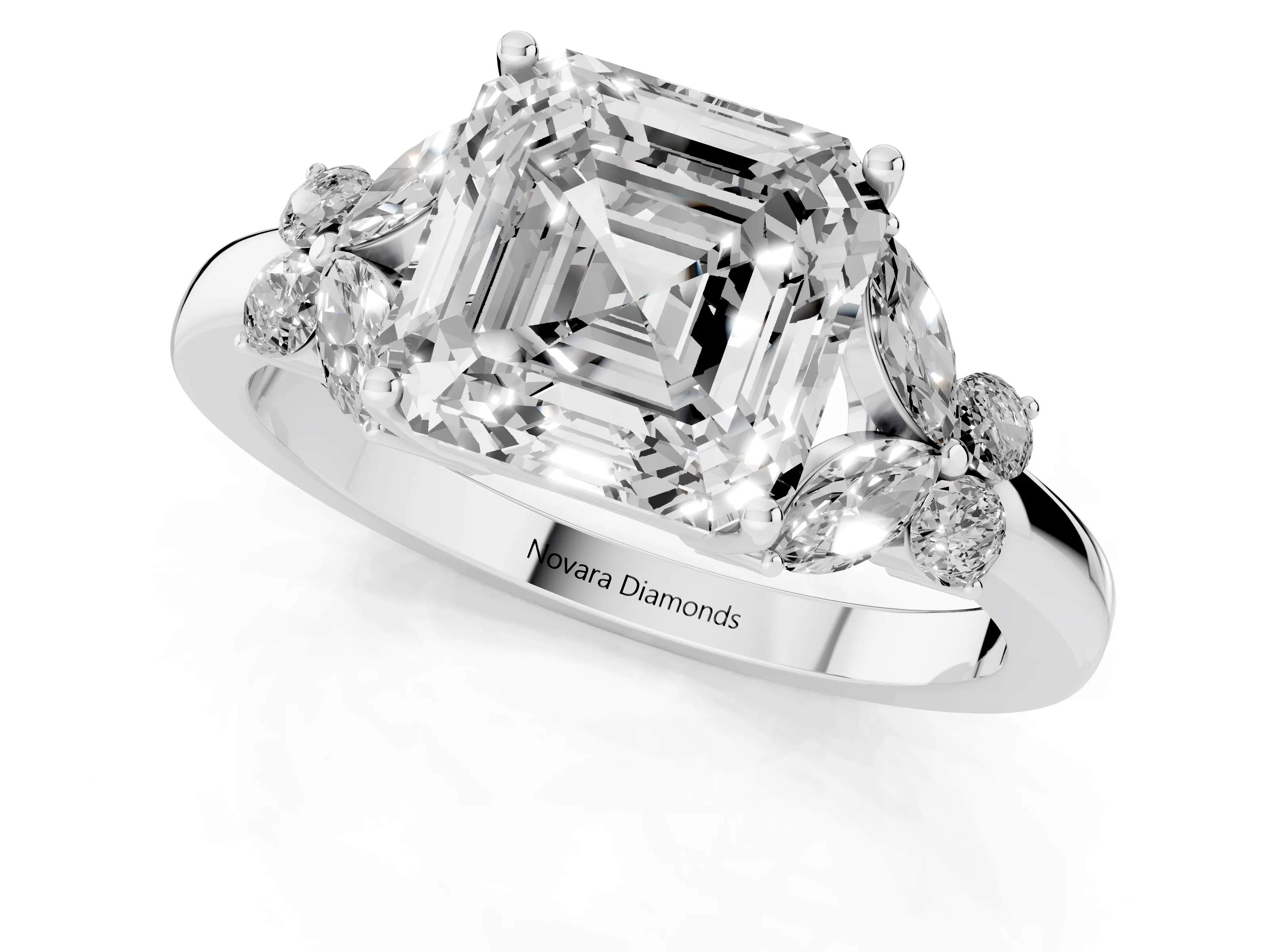 Asscher Cut Diamond Solitaire Floral Ring Set in White gold with Marquise Petals and Prong Setting